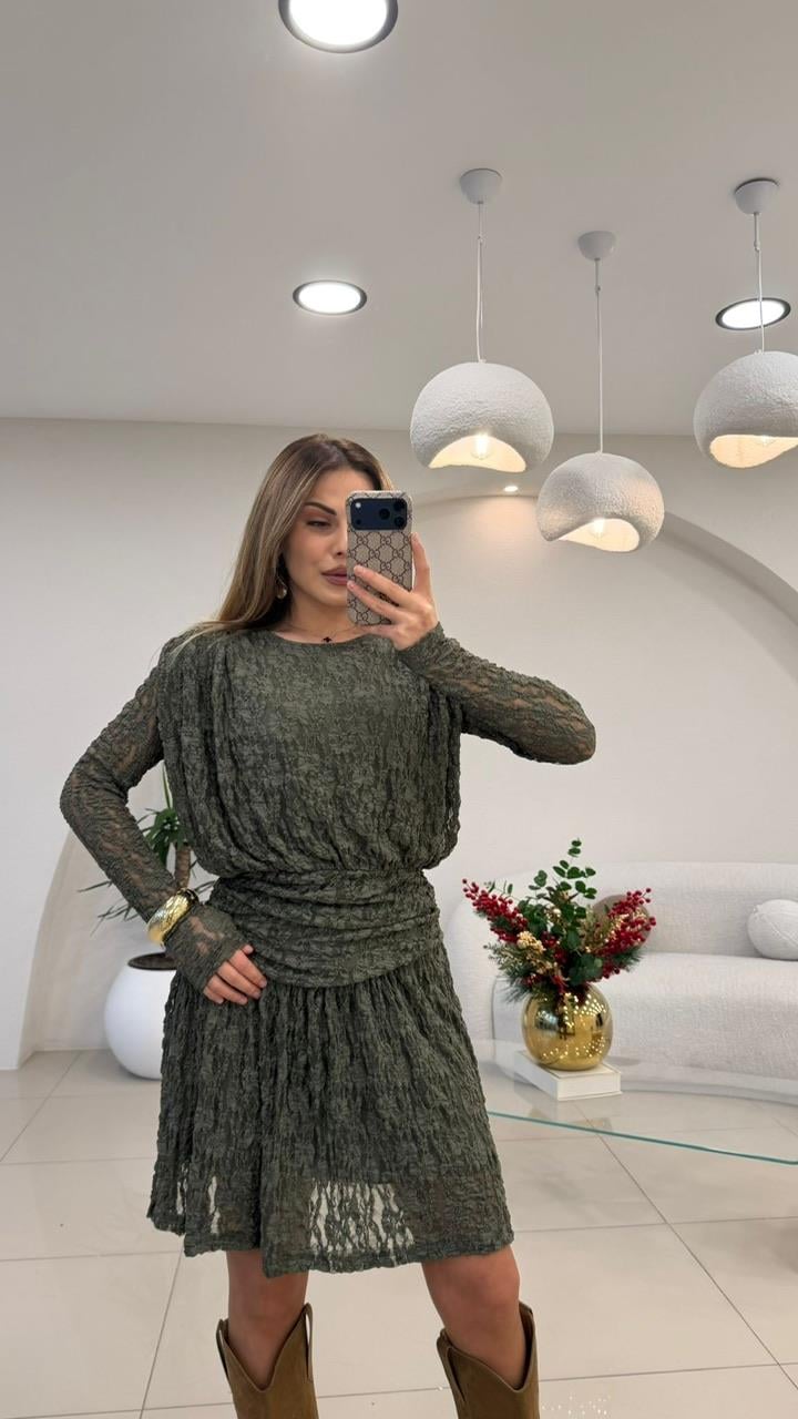 HAKİ YEŞİL GÜPÜRLİ MİDİ ELBİSE 