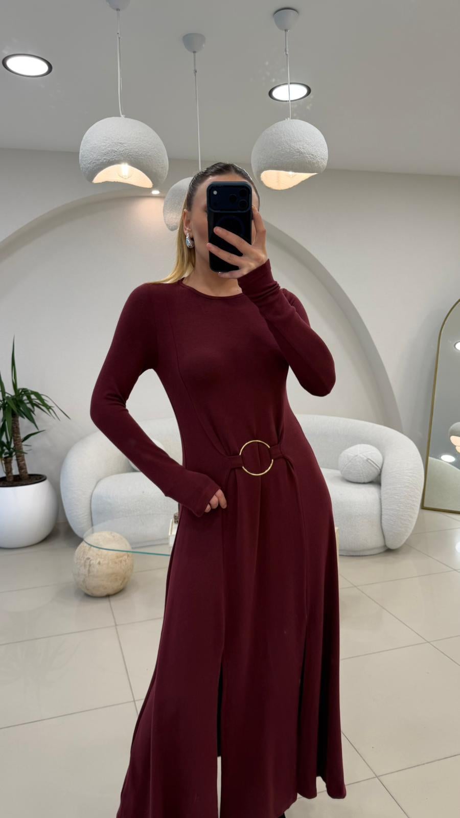 HALKA DETAYLI ÇİFT YIRTMAÇLI BASİC ELBİSE BORDO