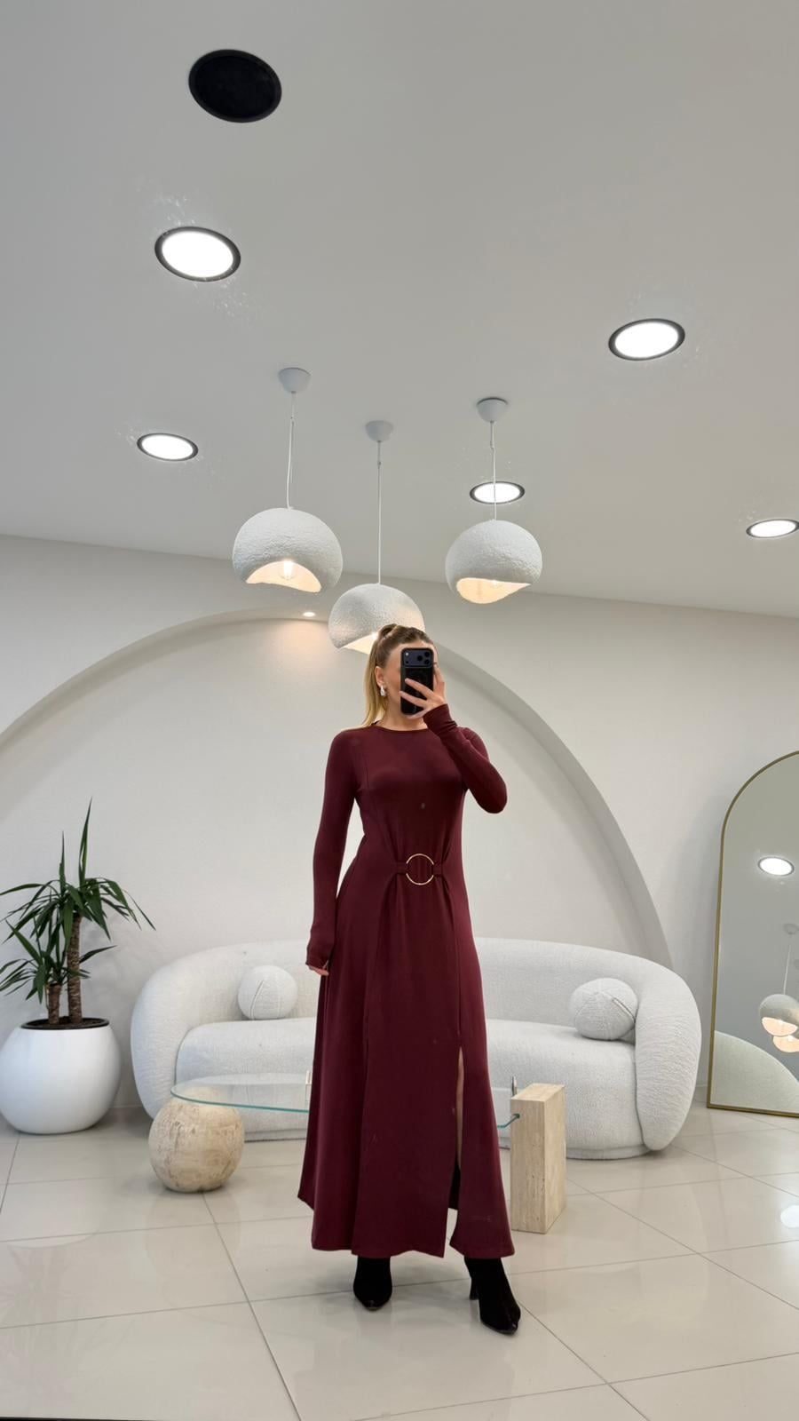 HALKA DETAYLI ÇİFT YIRTMAÇLI BASİC ELBİSE BORDO