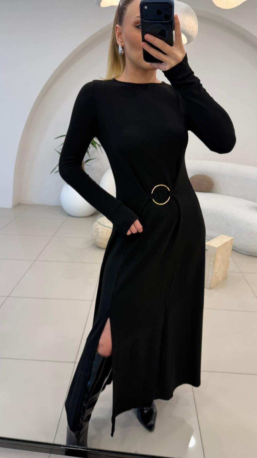 HALKA DETAYLI ÇİFT YIRTMAÇLI BASİC ELBİSE SİYAH