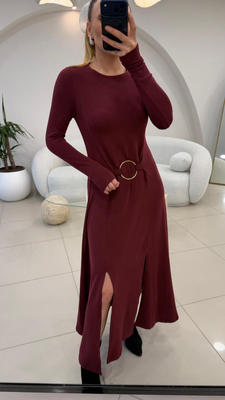 HALKA DETAYLI ÇİFT YIRTMAÇLI BASİC ELBİSE BORDO
