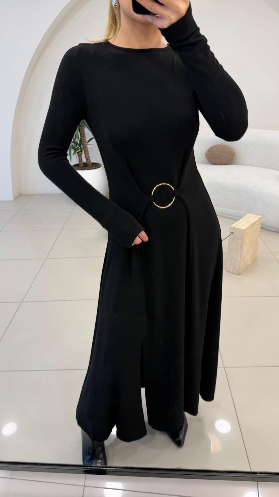 HALKA DETAYLI ÇİFT YIRTMAÇLI BASİC ELBİSE SİYAH