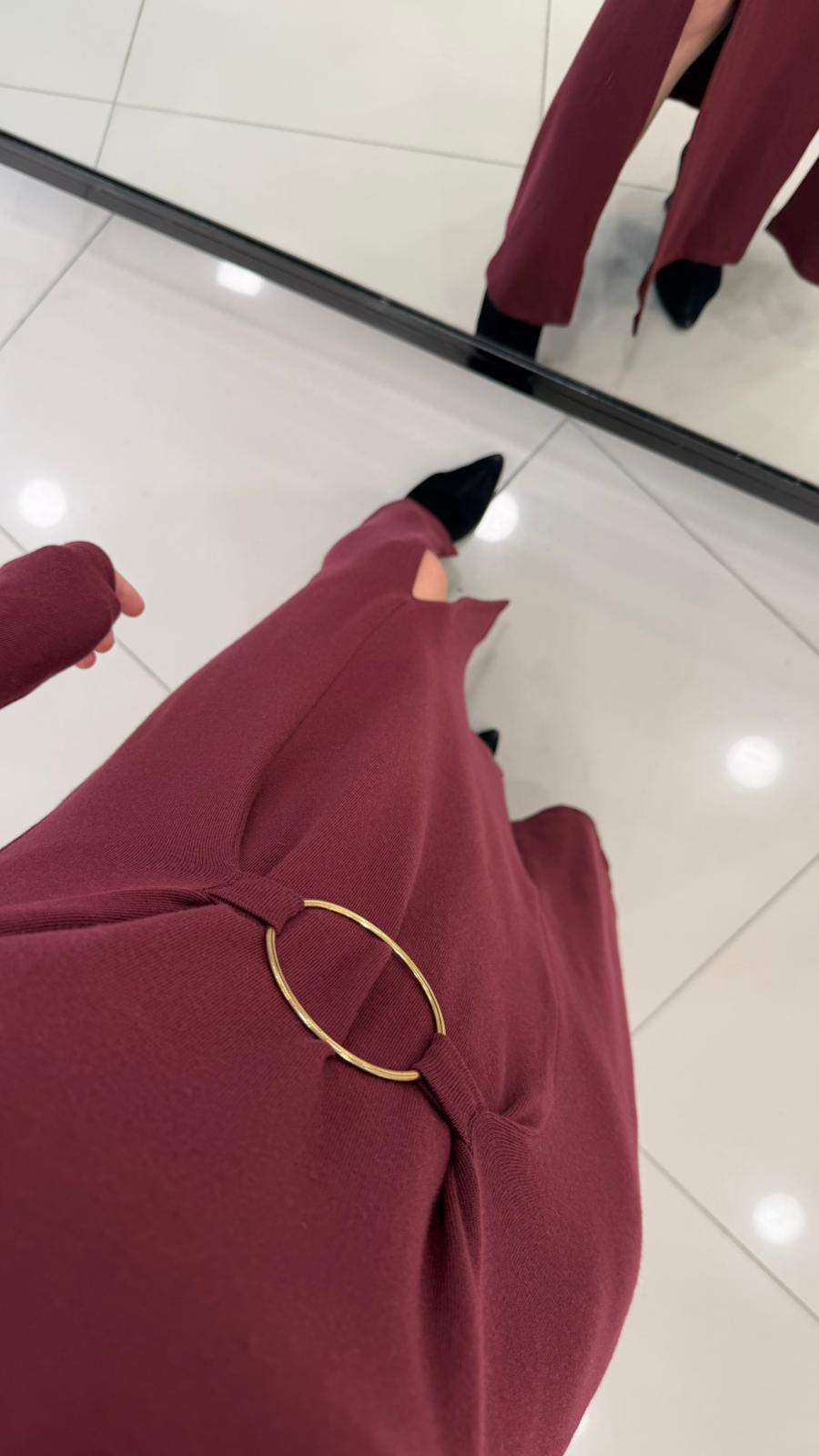 HALKA DETAYLI ÇİFT YIRTMAÇLI BASİC ELBİSE BORDO