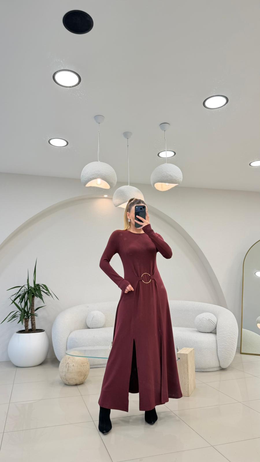 HALKA DETAYLI ÇİFT YIRTMAÇLI BASİC ELBİSE BORDO