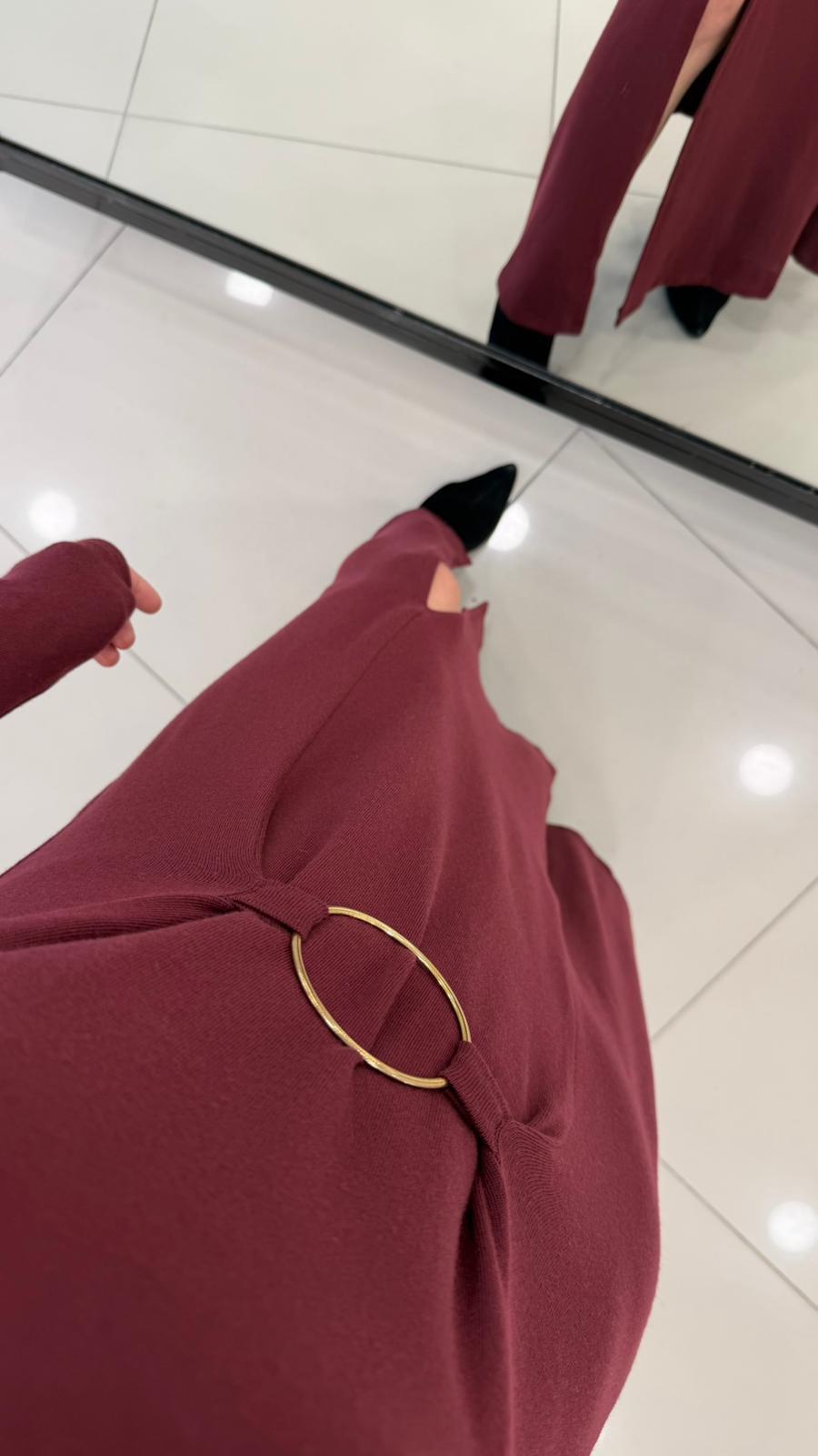 HALKA DETAYLI ÇİFT YIRTMAÇLI BASİC ELBİSE BORDO