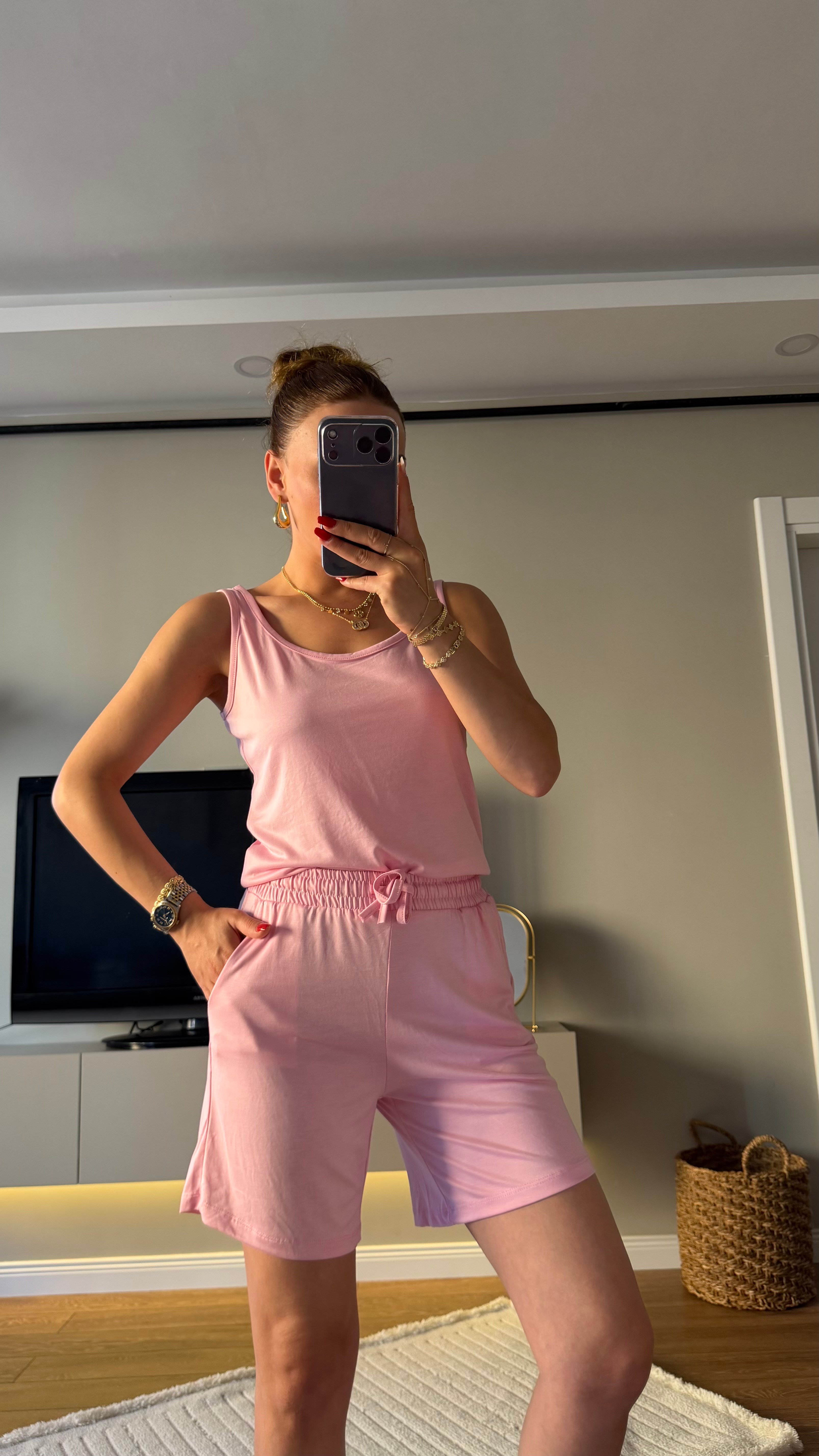 İİkili Pamuk Şortlu Takım Pembe 