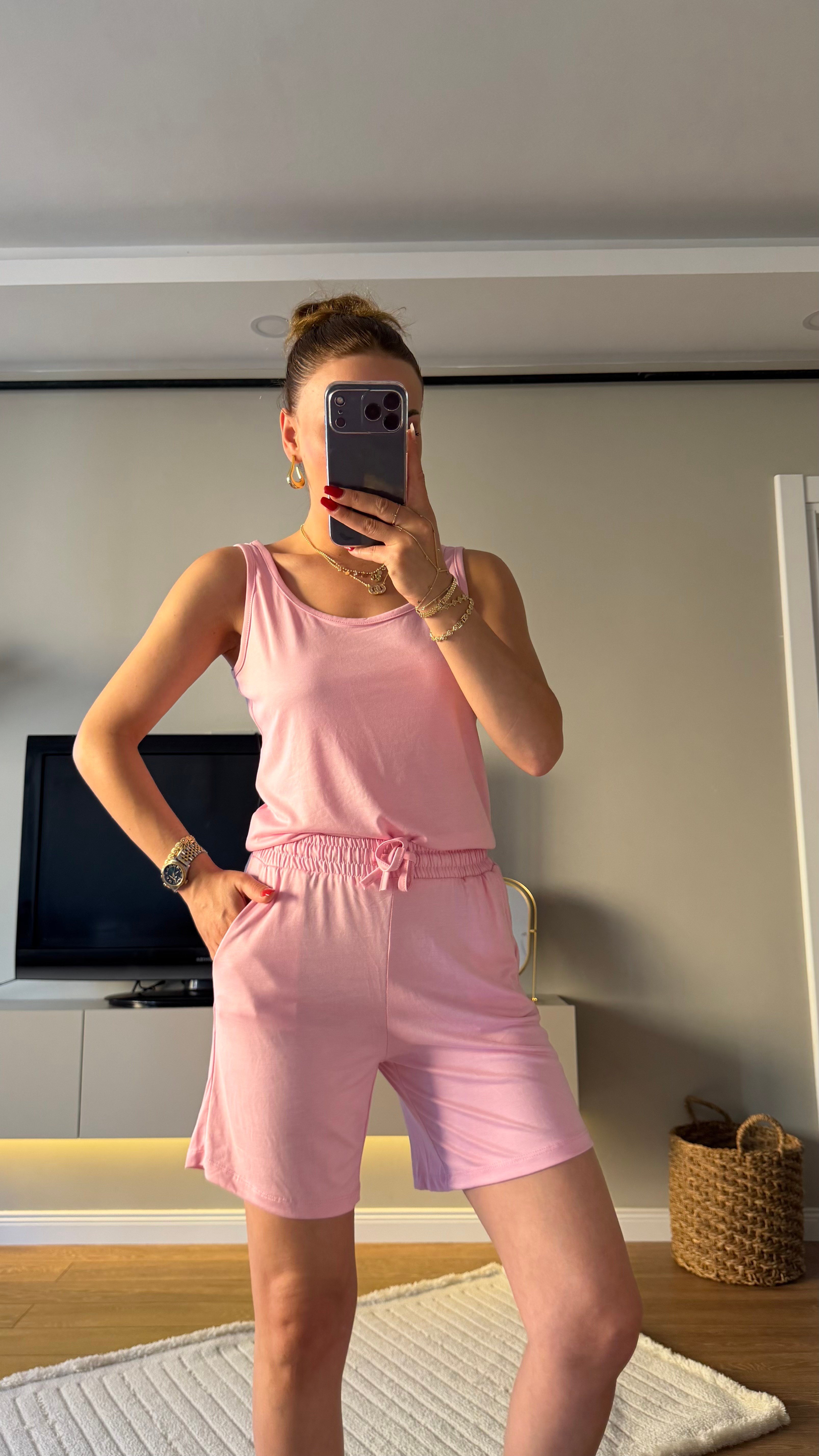 İİkili Pamuk Şortlu Takım Pembe 