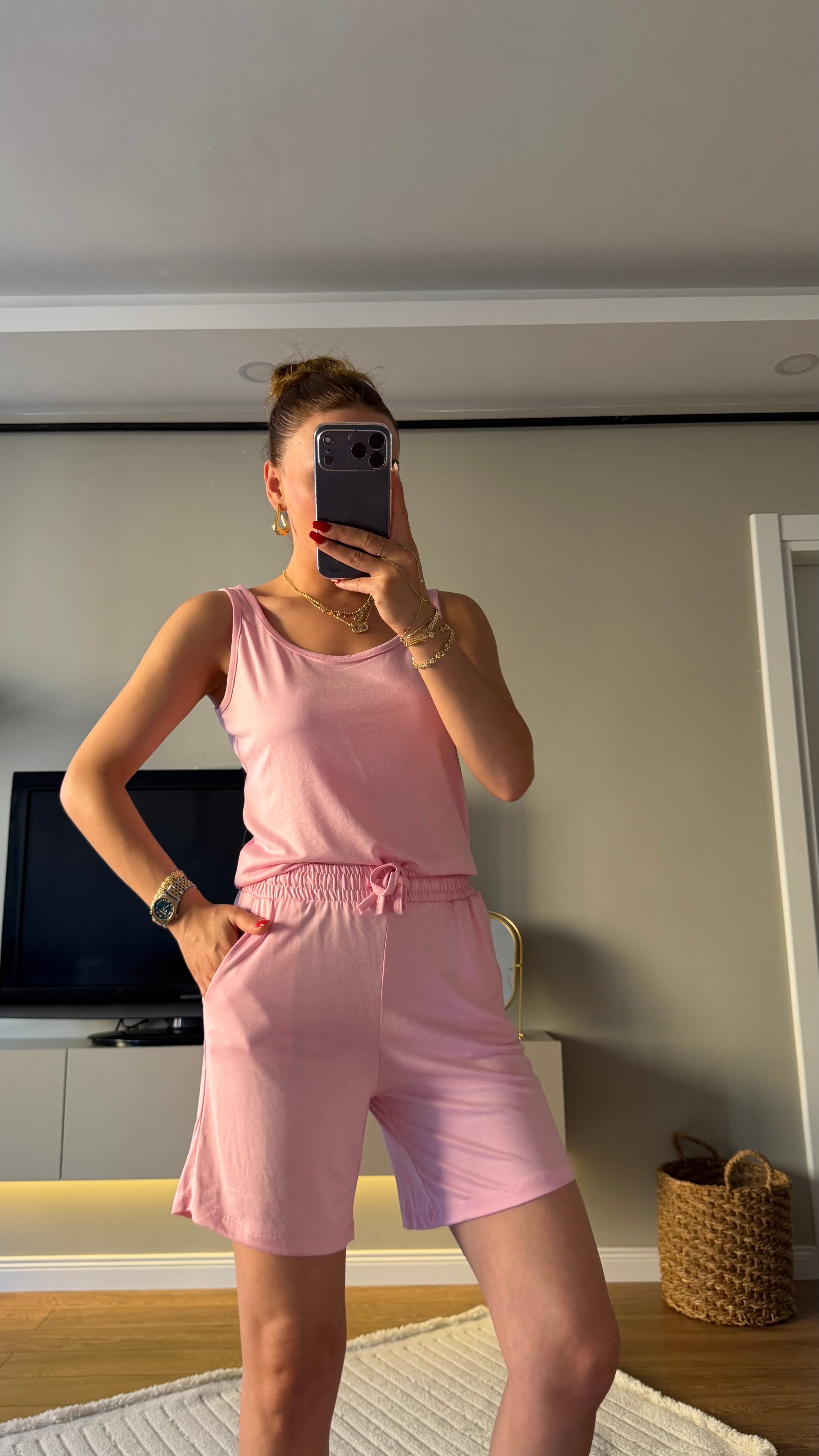 İİkili Pamuk Şortlu Takım Pembe 