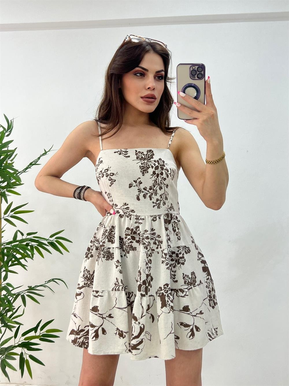 İNCE ASKILI MİNİ KETEN ELBİSE 