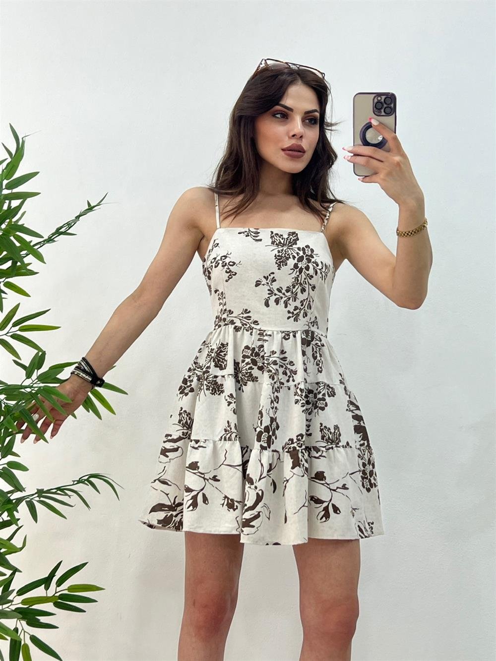 İNCE ASKILI MİNİ KETEN ELBİSE 