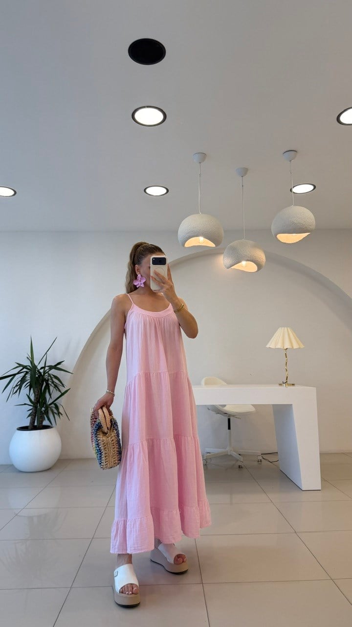 İP ASKILI SALAŞ KETEN ELBİSE  PEMBE