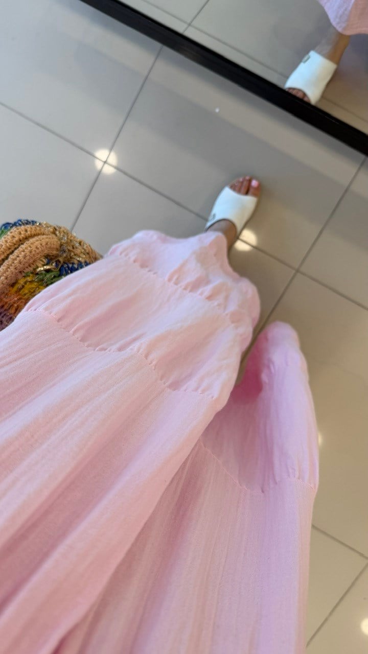 İP ASKILI SALAŞ KETEN ELBİSE  PEMBE