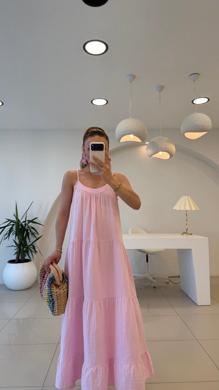 İP ASKILI SALAŞ KETEN ELBİSE  PEMBE