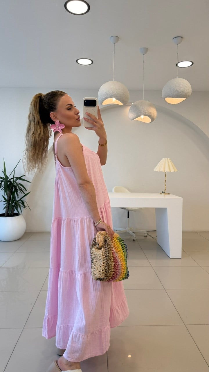 İP ASKILI SALAŞ KETEN ELBİSE  PEMBE