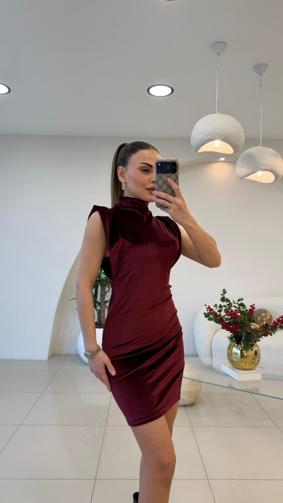 KADİFE MİNİ ELBİSE BORDO