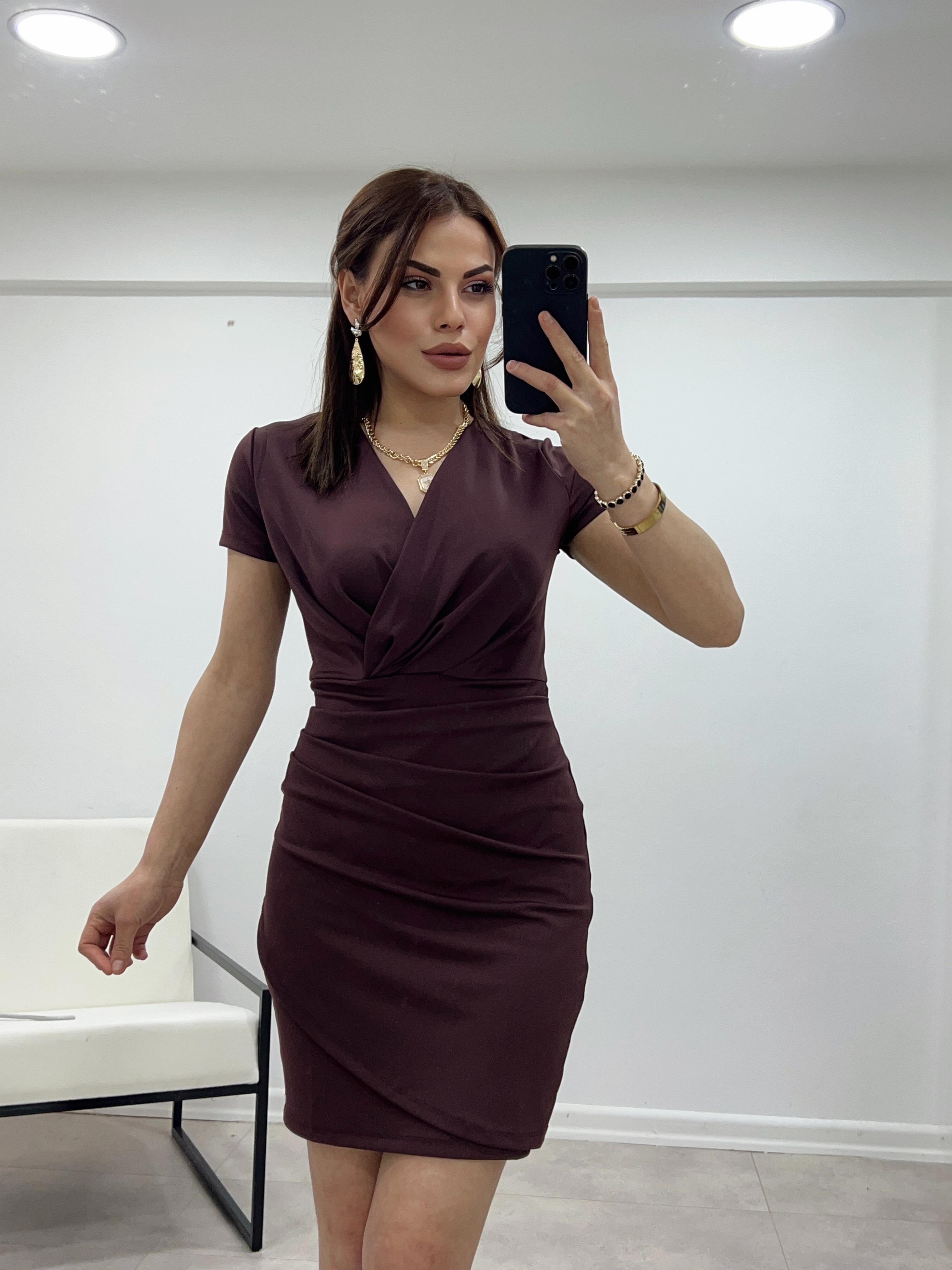 KAHVE JARSE KUMAŞ DRAPELİ ELBİSE