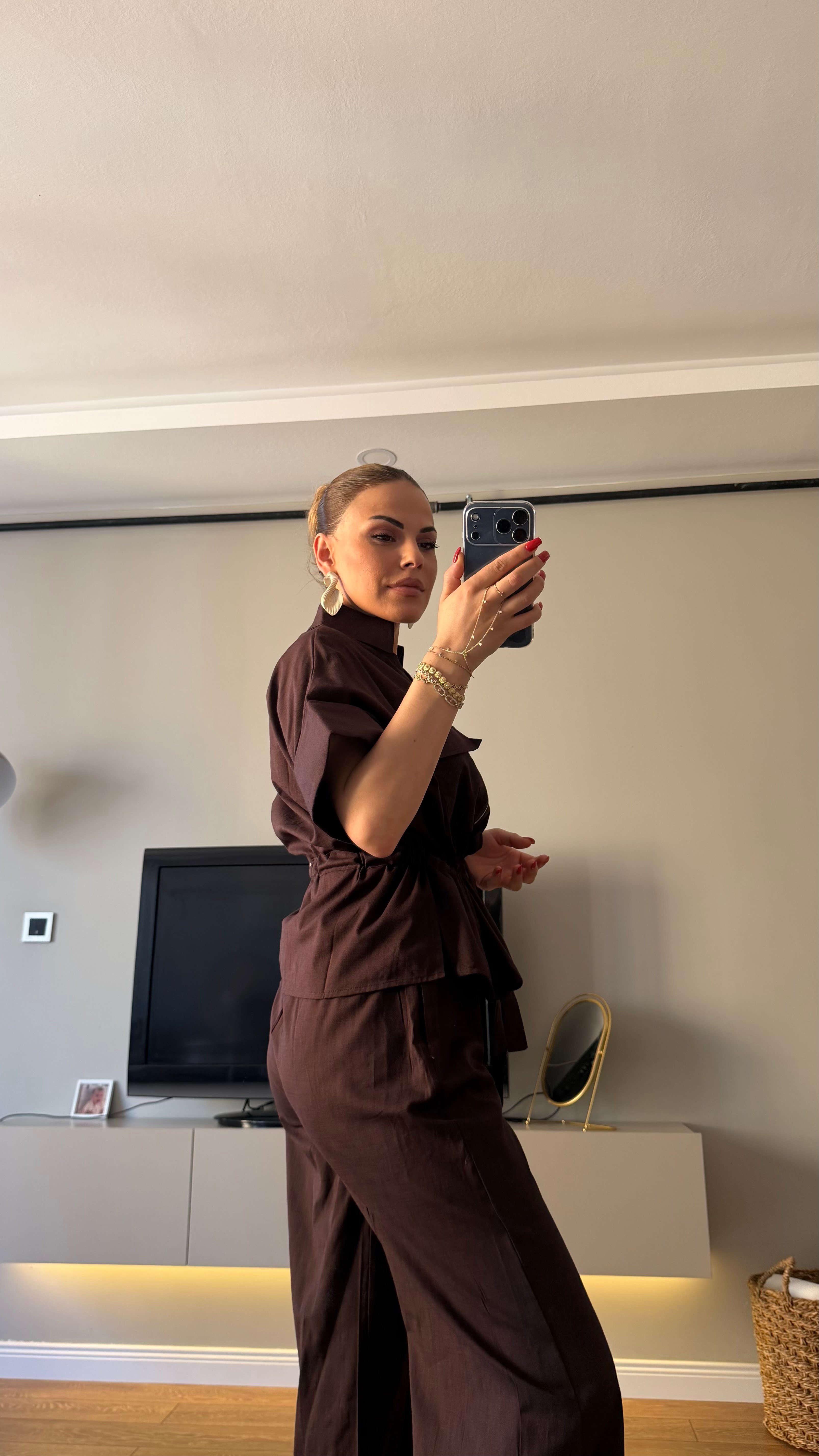 Kahve Keten Bel Bağlamalı İkili Takım