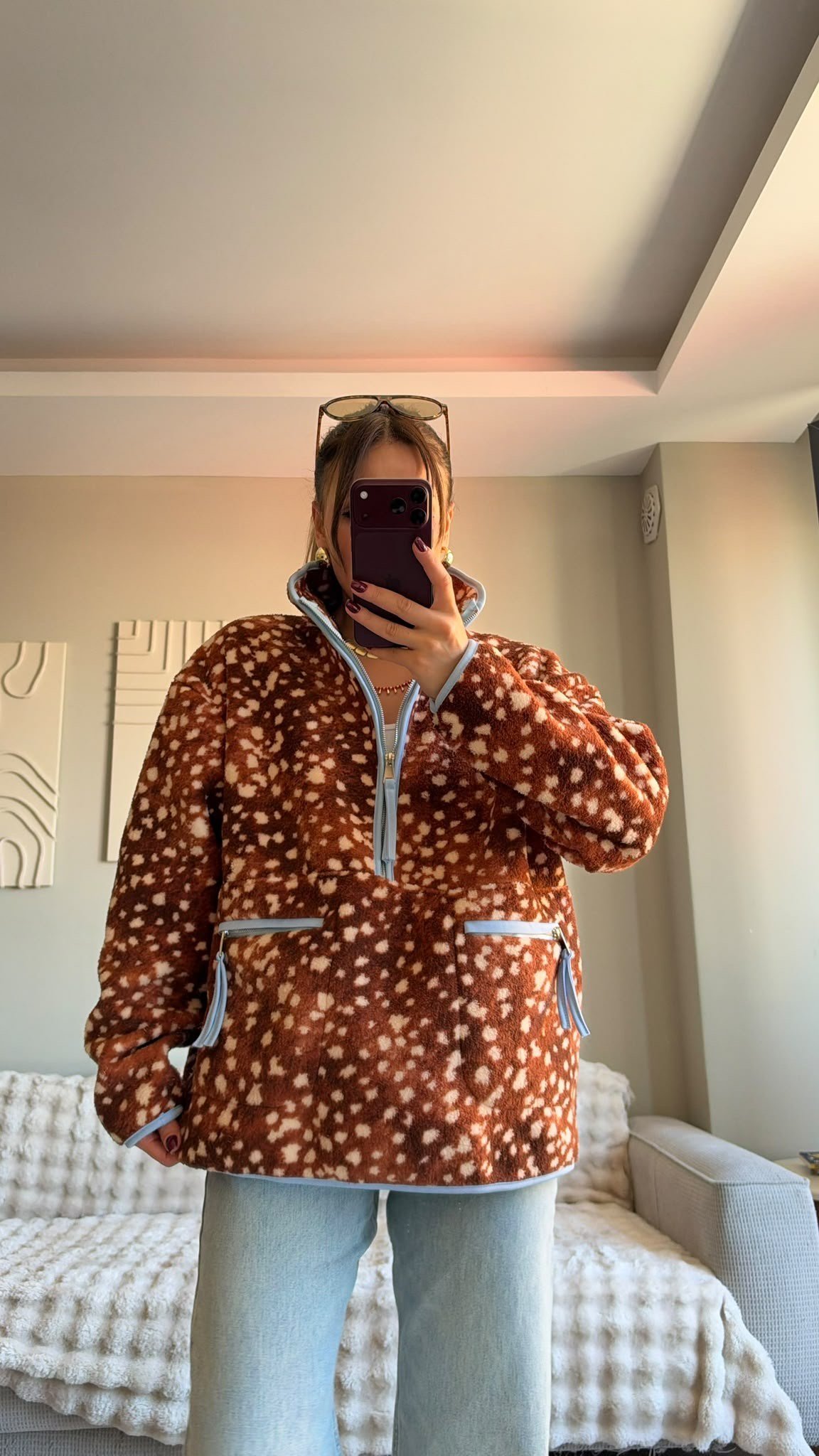 Kahve Yarım Fermuarlı Peluş Ceket