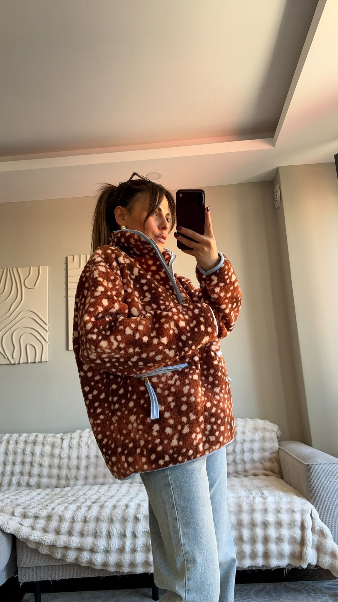 Kahve Yarım Fermuarlı Peluş Ceket
