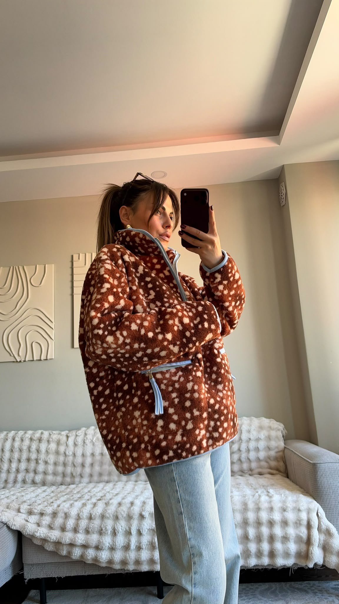 Kahve Yarım Fermuarlı Peluş Ceket