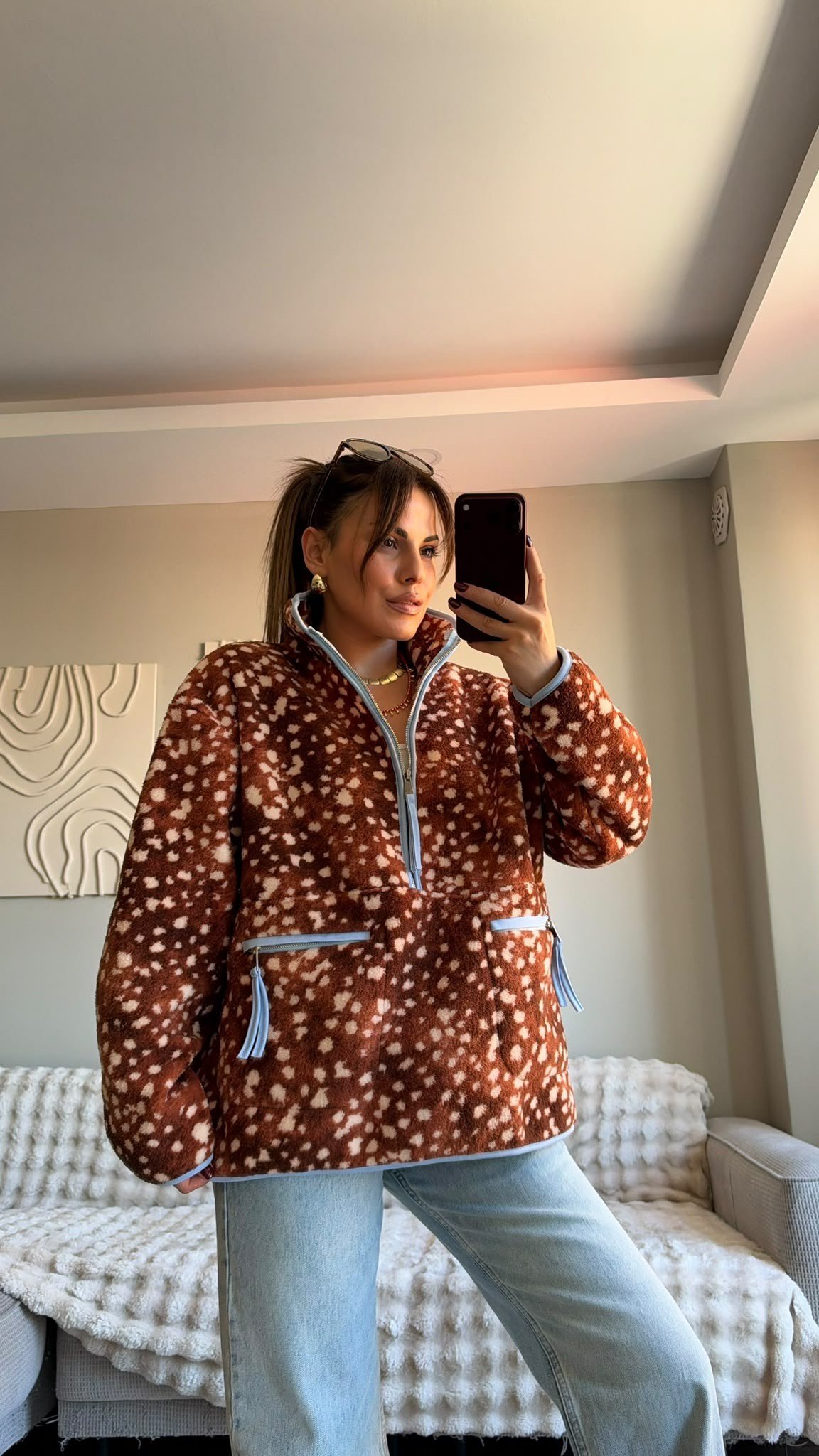 Kahve Yarım Fermuarlı Peluş Ceket