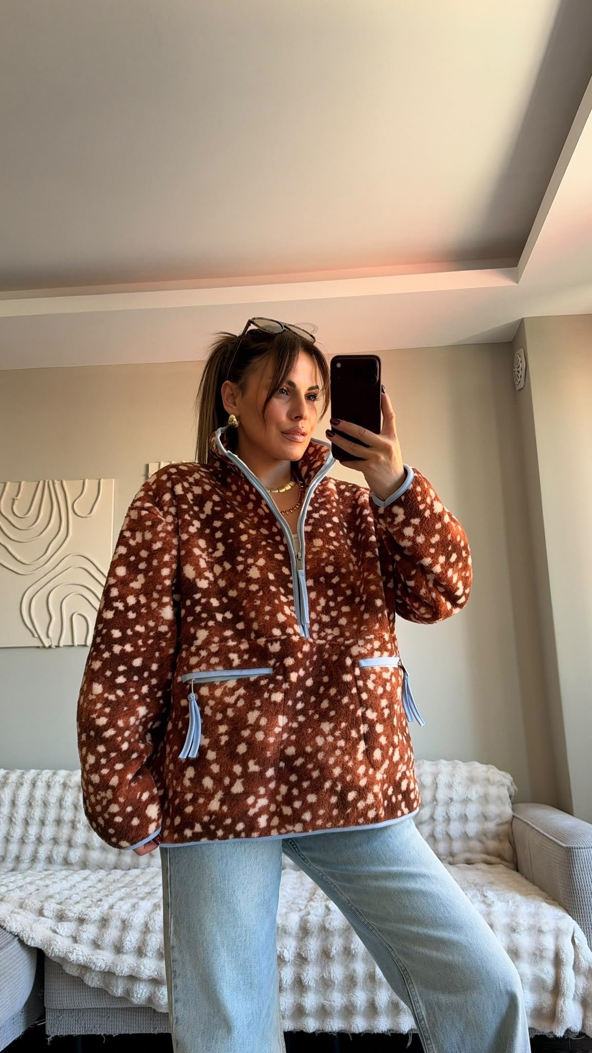 Kahve Yarım Fermuarlı Peluş Ceket