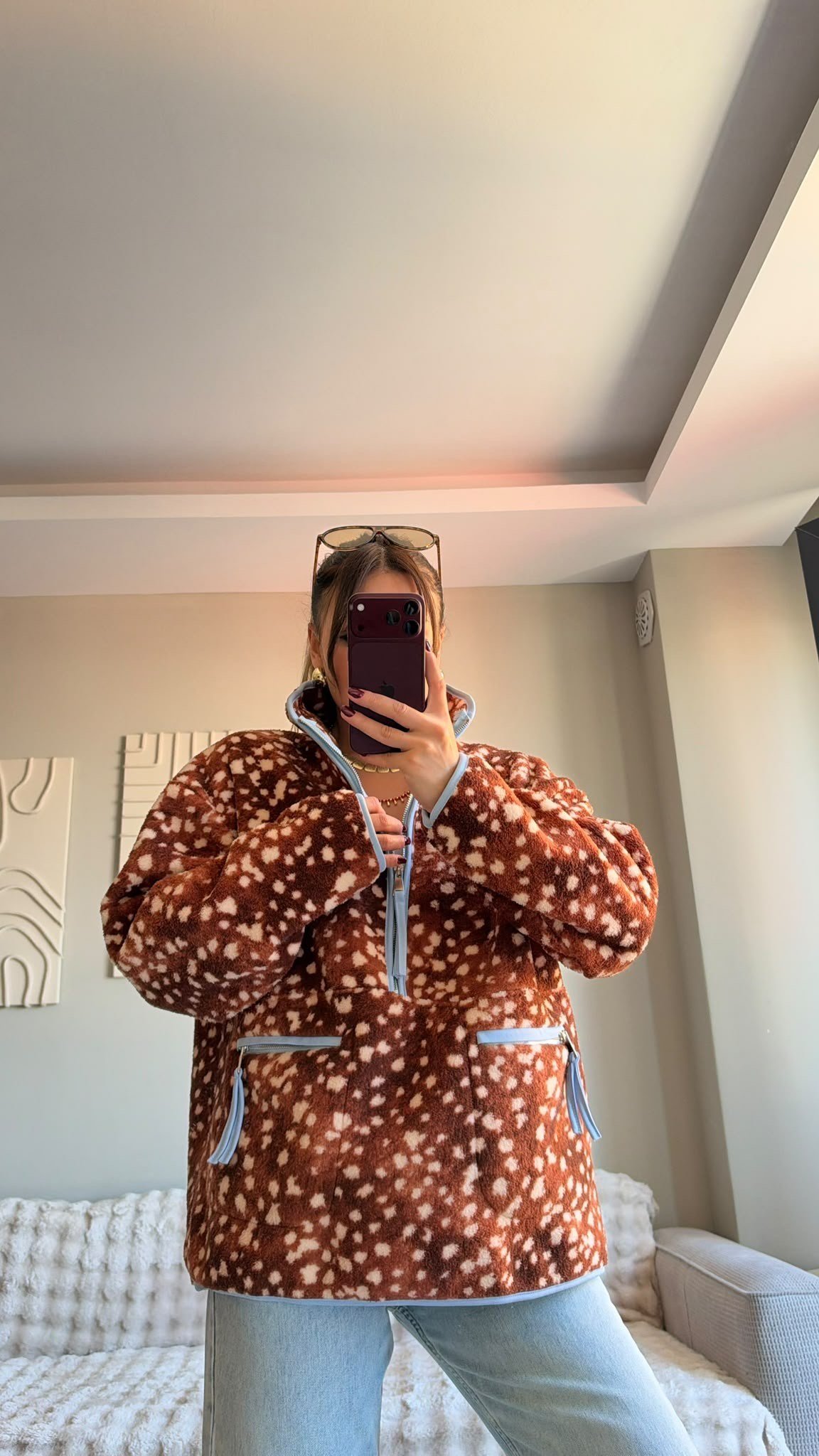 Kahve Yarım Fermuarlı Peluş Ceket