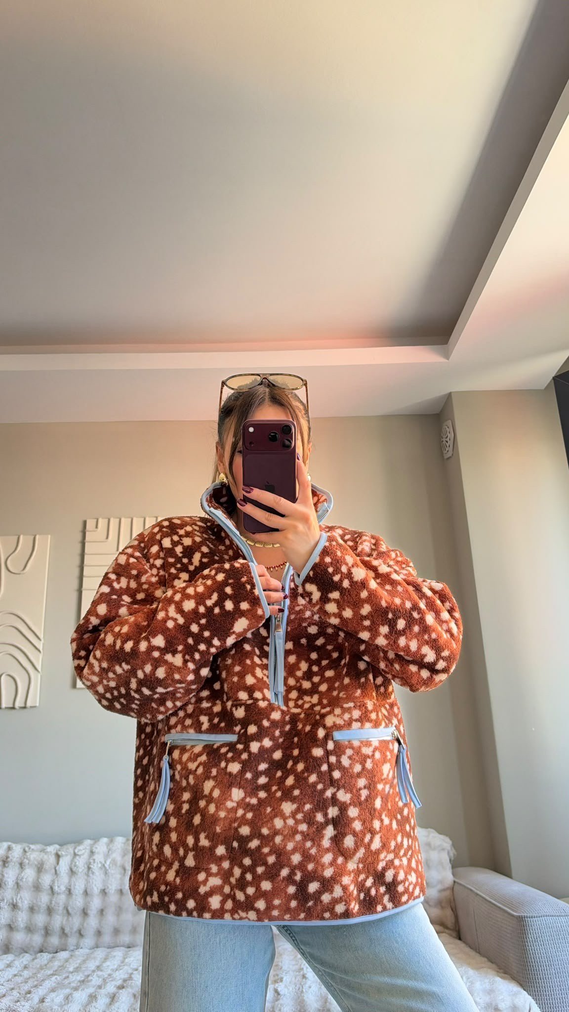 Kahve Yarım Fermuarlı Peluş Ceket