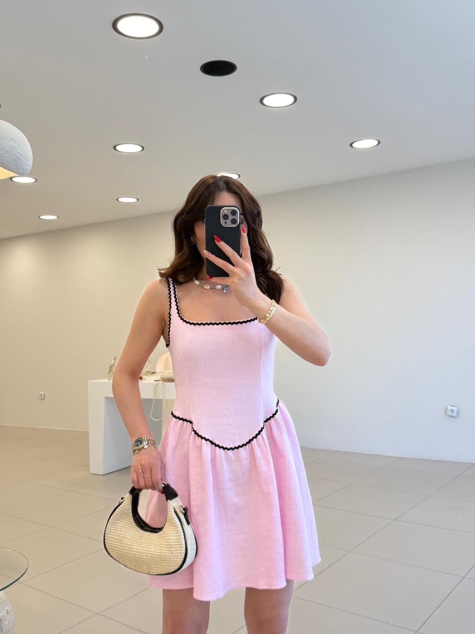 KALIN ASKILI BİYELİ ELBİSE PEMBE