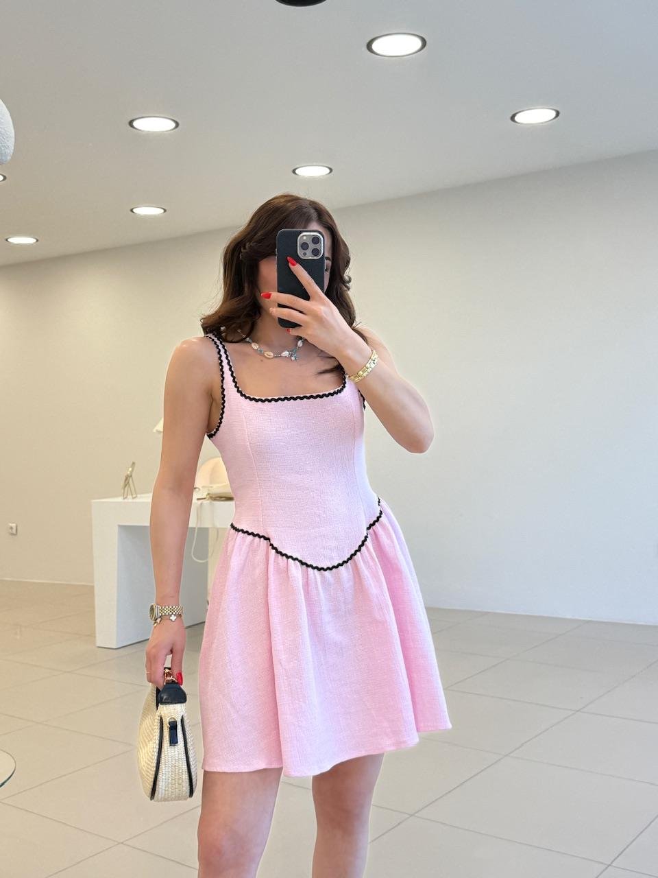 KALIN ASKILI BİYELİ ELBİSE PEMBE