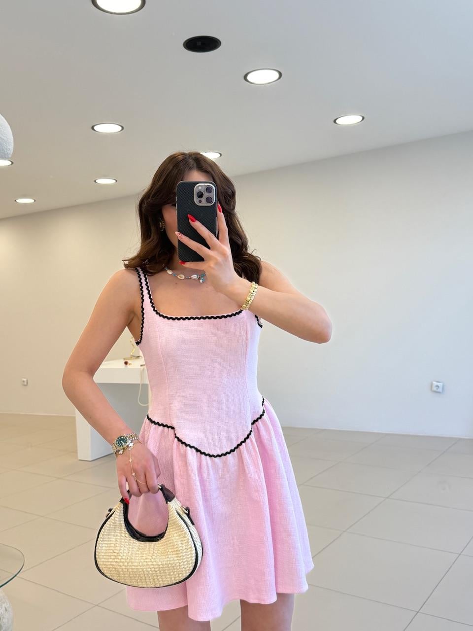 KALIN ASKILI BİYELİ ELBİSE PEMBE