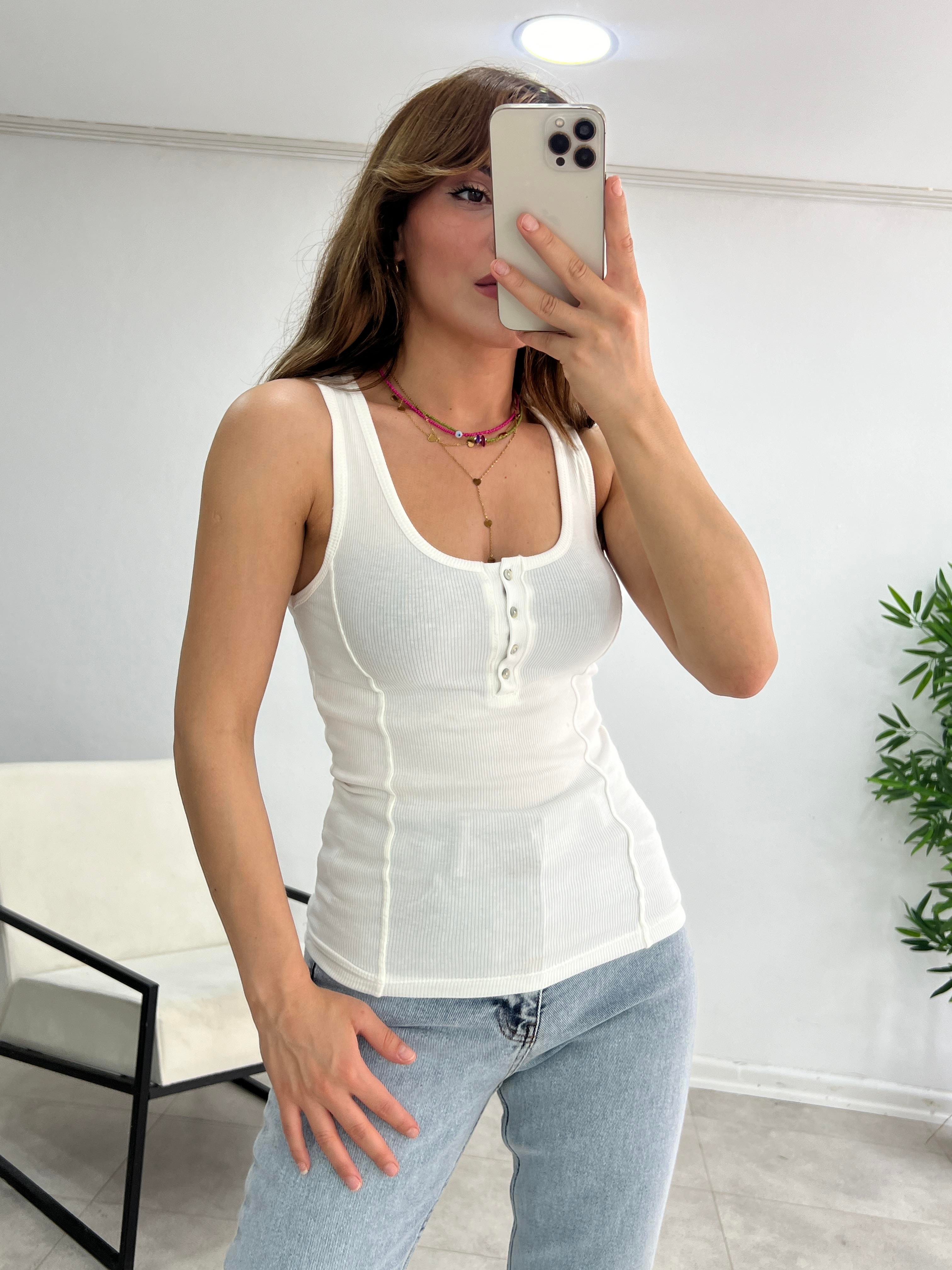 KALIN ASKILI ÖNÜ DÜĞMELİ ATLET BEYAZ