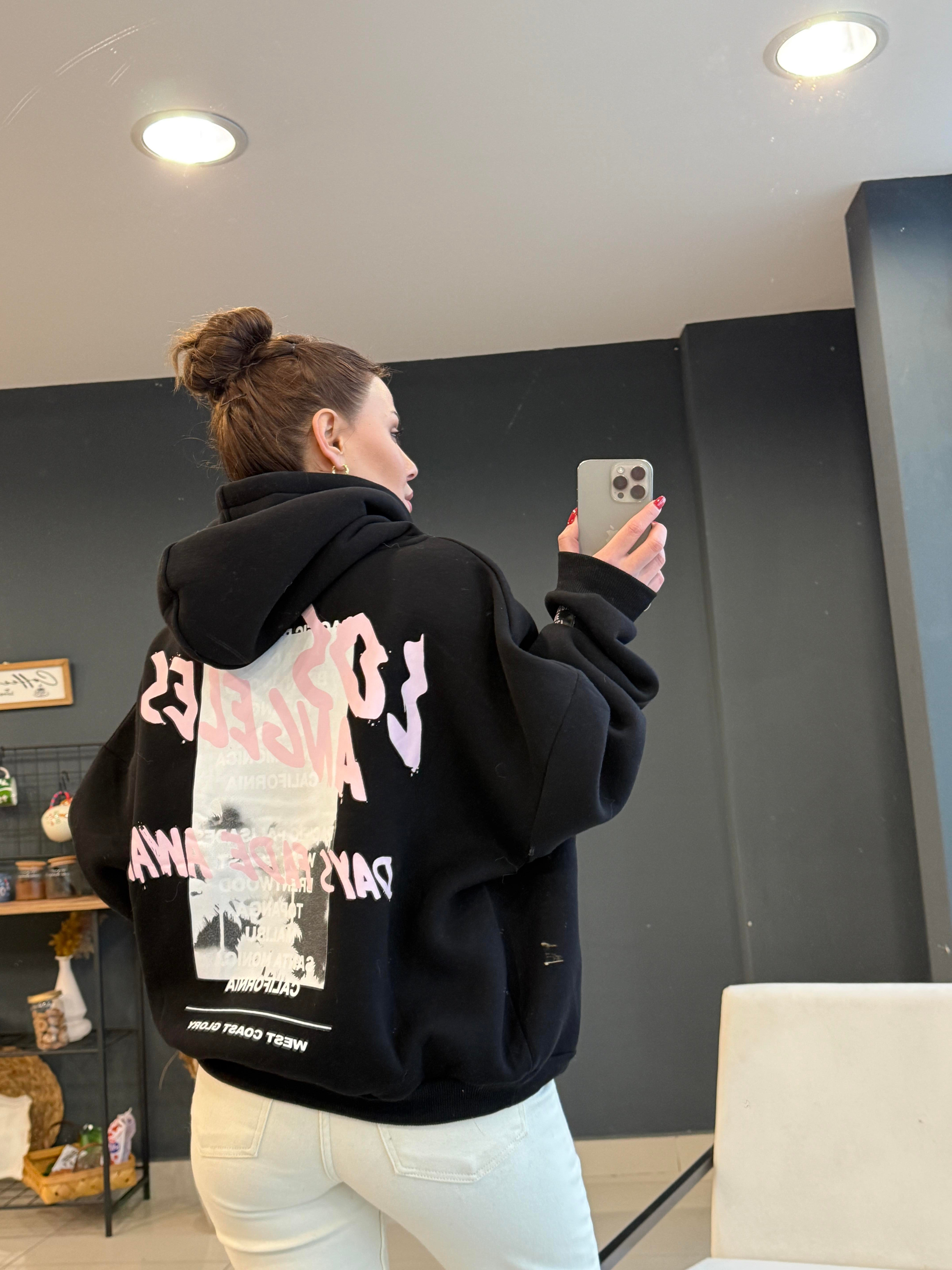 KAPŞONLU ARKASI DESENLİ SWEATSHIRT