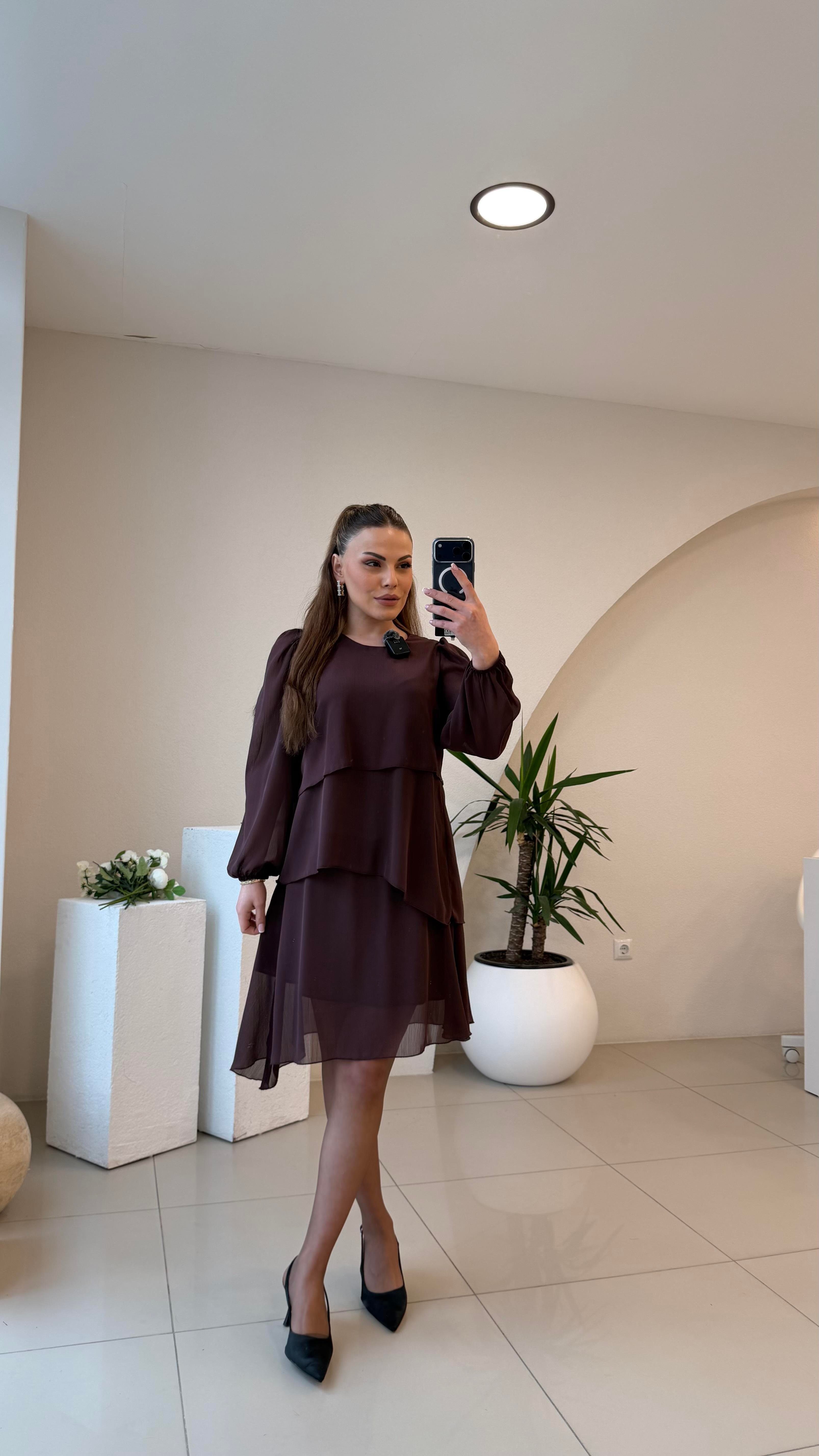 KATKAT KAHVERENGİ TÜL ELBİSE