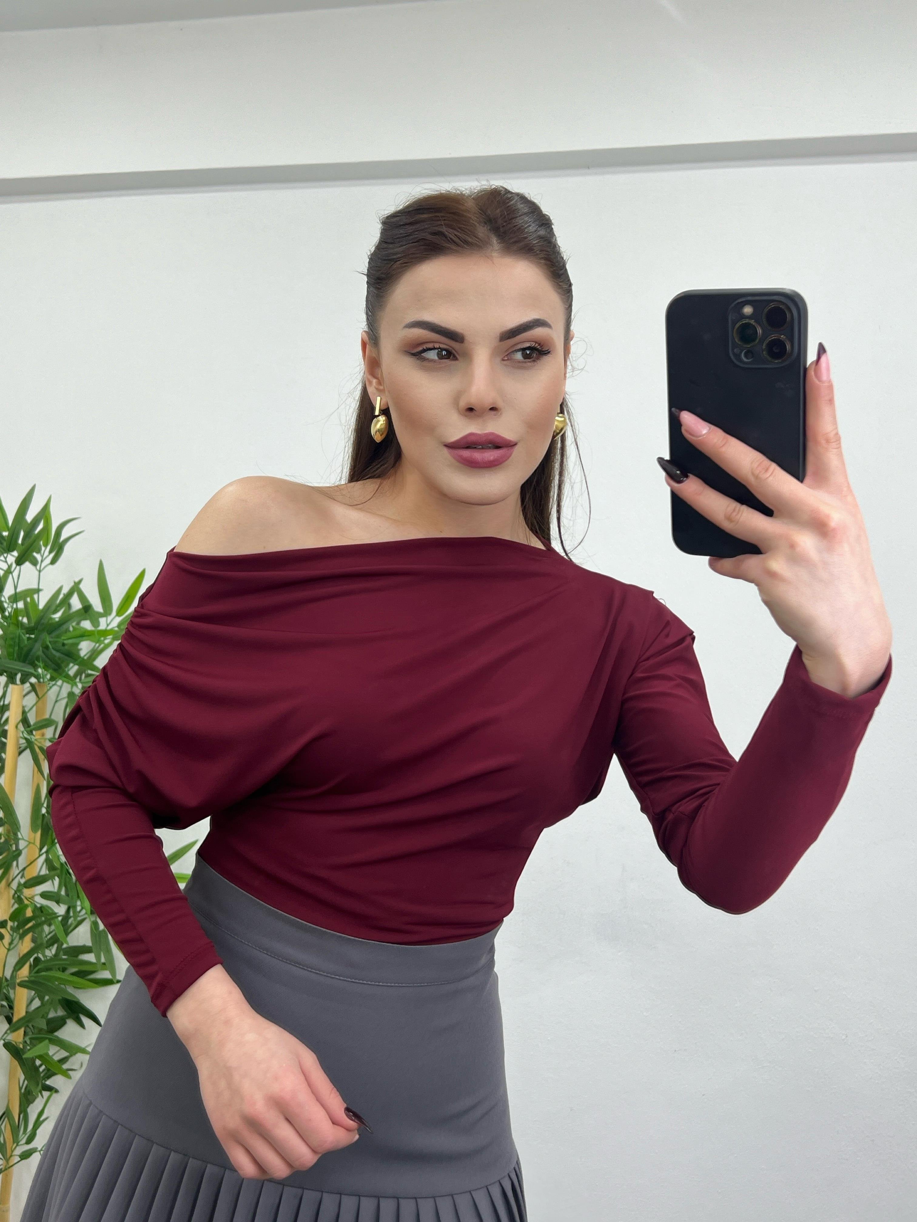 KAYIK YAKA DRAPELİ  LİKRALI TASARIM BLUZ Bordo