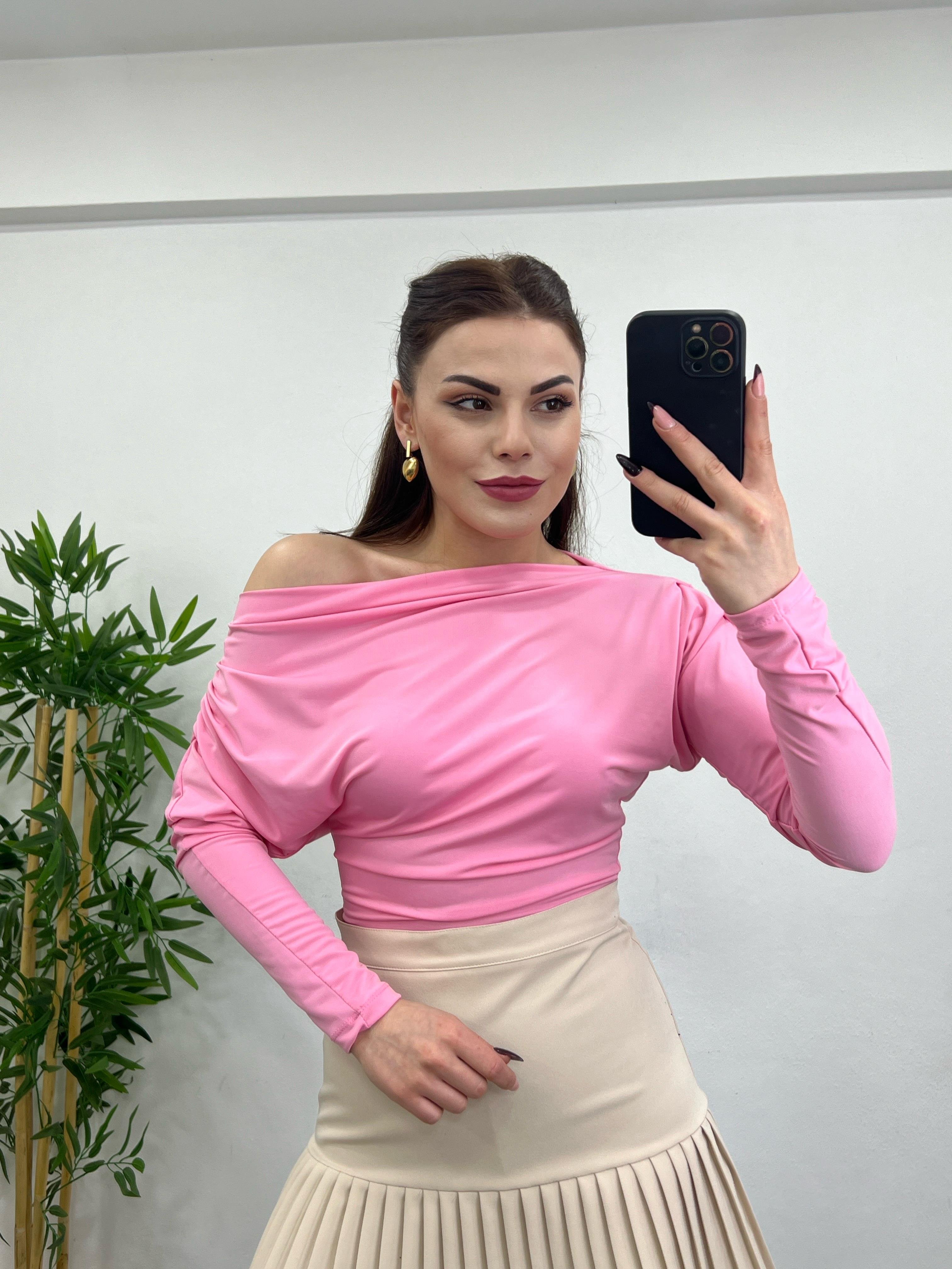 KAYIK YAKA DRAPELİ  LİKRALI TASARIM BLUZ PEMBE