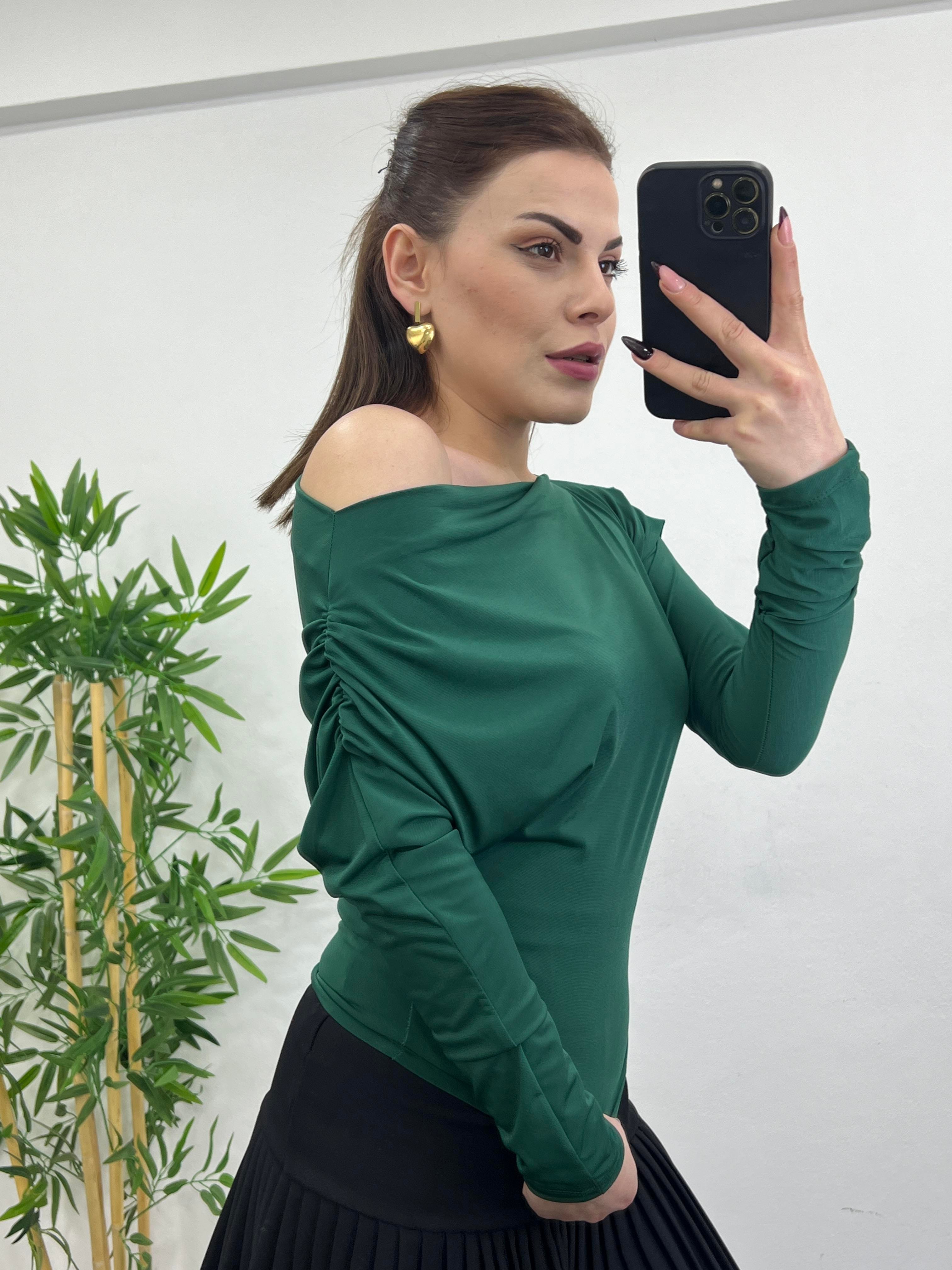 KAYIK YAKA DRAPELİ  LİKRALI TASARIM BLUZ YEŞİL