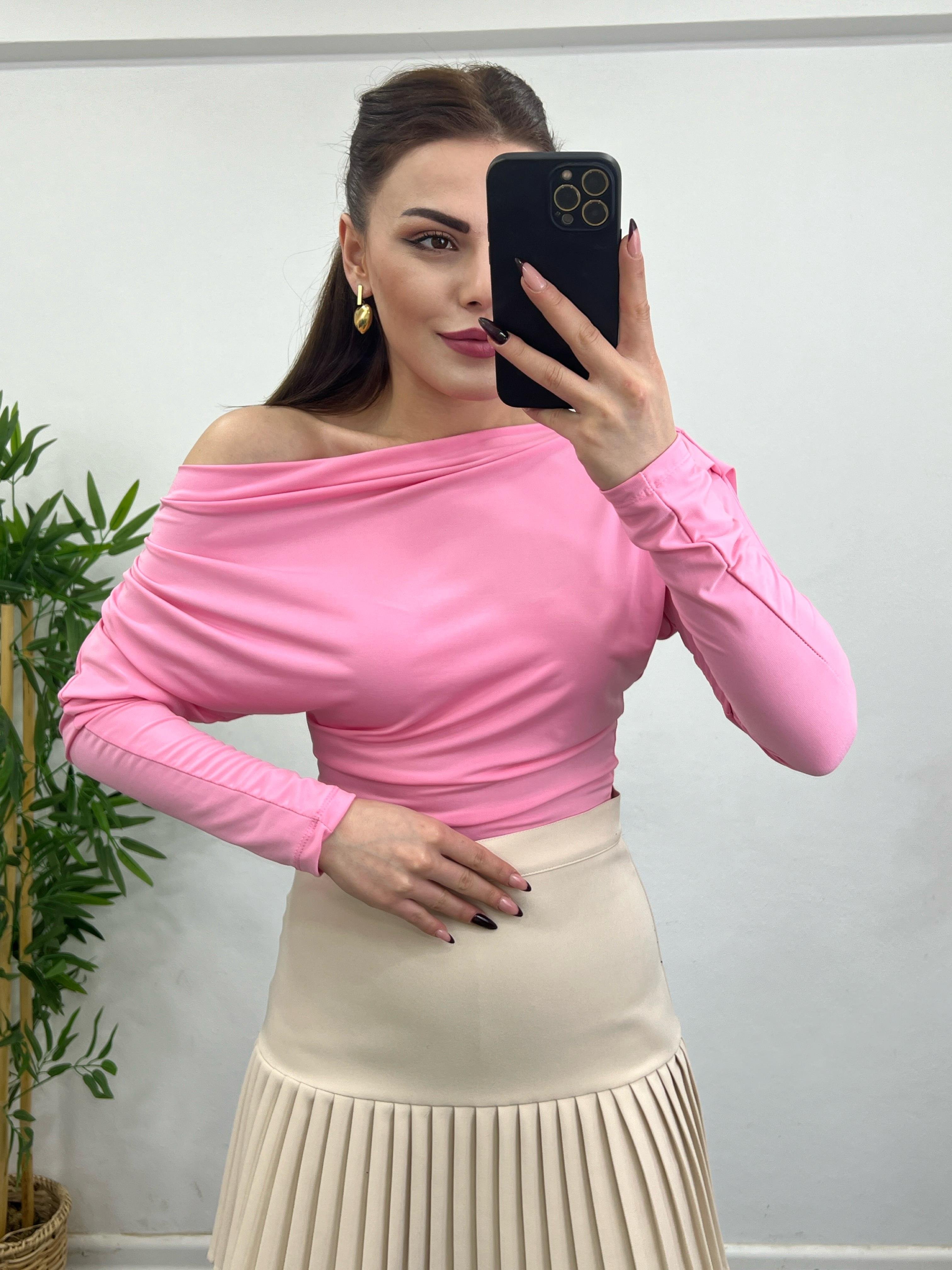 KAYIK YAKA DRAPELİ  LİKRALI TASARIM BLUZ PEMBE