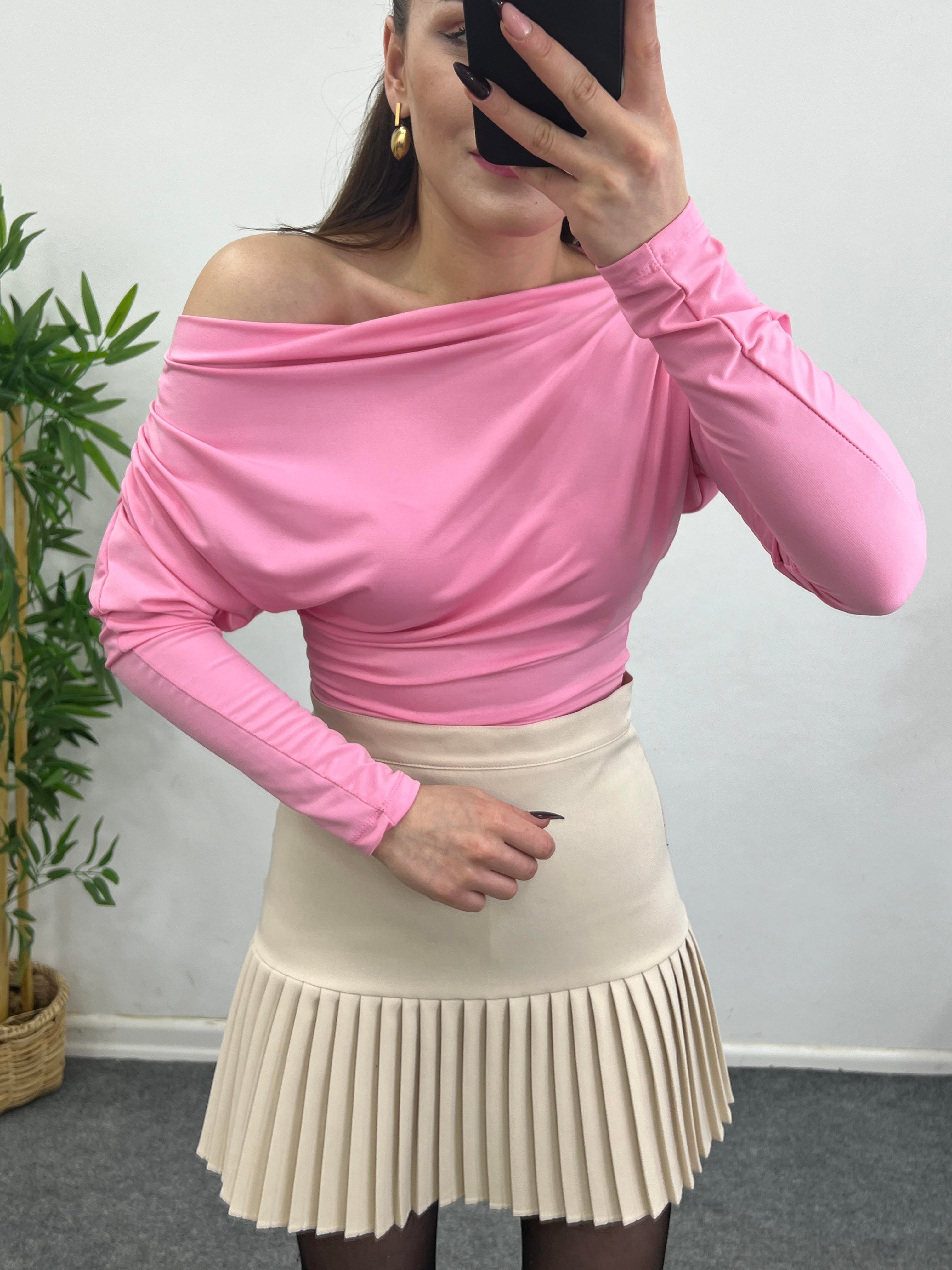 KAYIK YAKA DRAPELİ  LİKRALI TASARIM BLUZ PEMBE