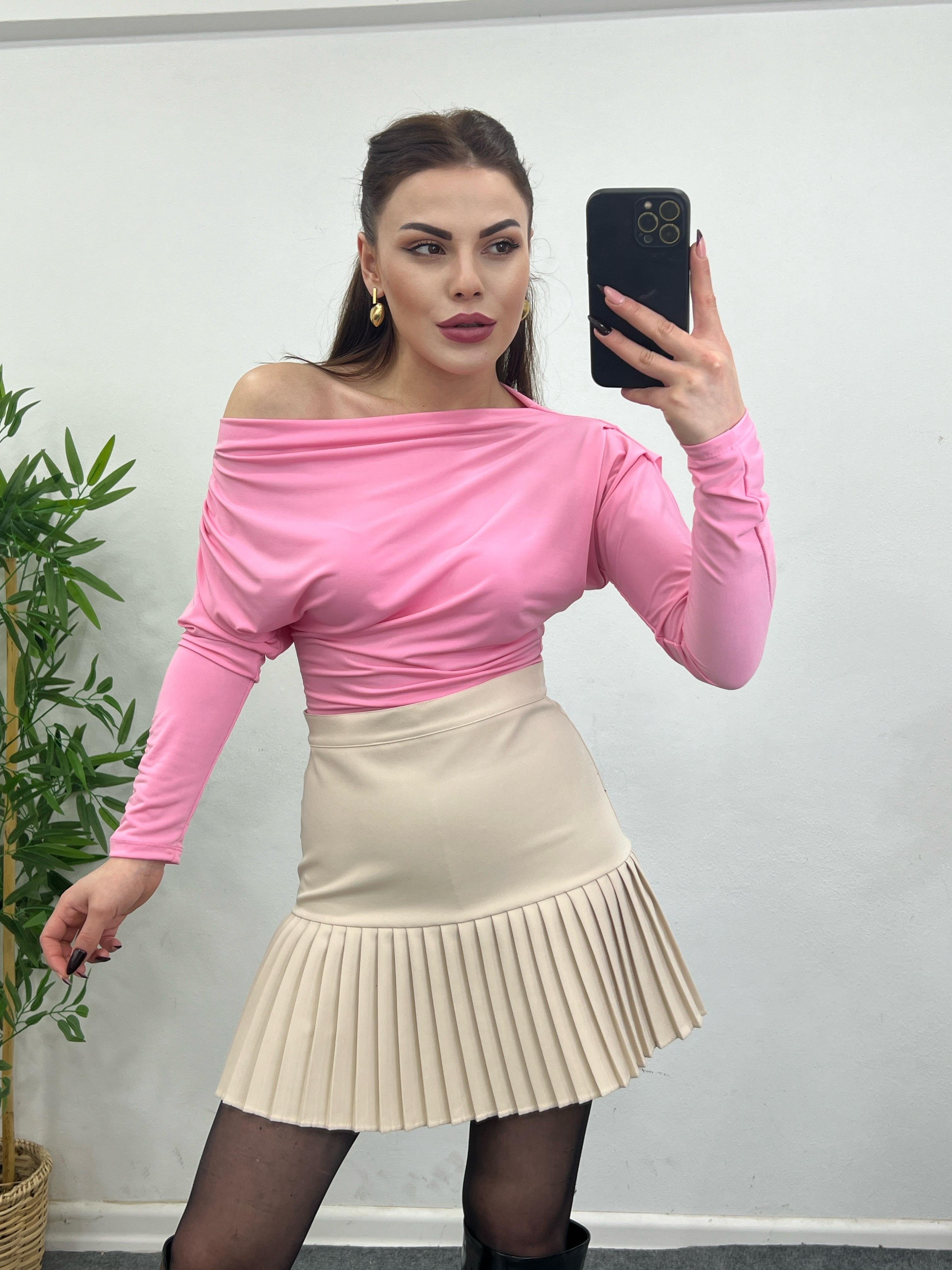 KAYIK YAKA DRAPELİ  LİKRALI TASARIM BLUZ PEMBE