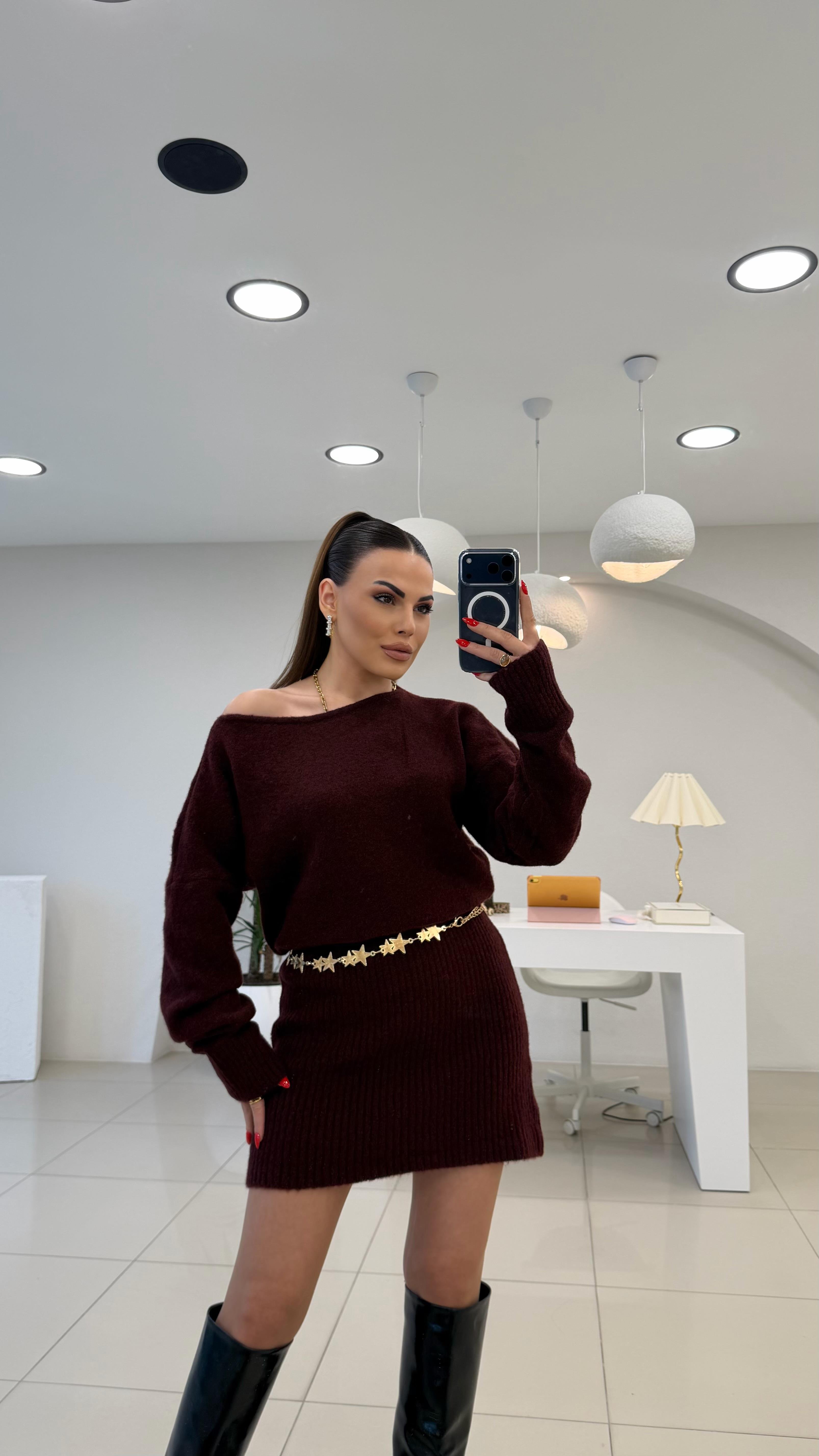 KAYIK YAKA TRİKO ELBİSE BORDO