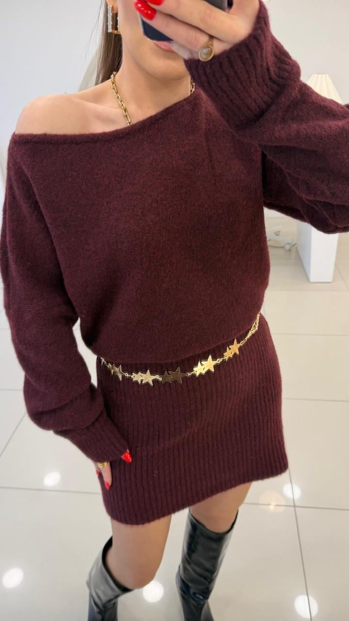 KAYIK YAKA TRİKO ELBİSE BORDO