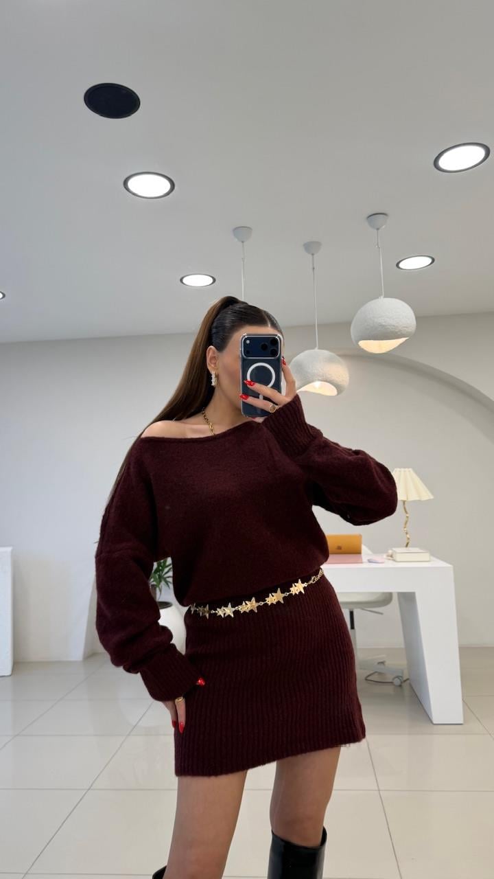KAYIK YAKA TRİKO ELBİSE BORDO