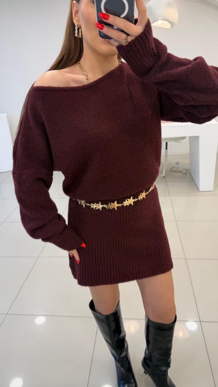 KAYIK YAKA TRİKO ELBİSE BORDO