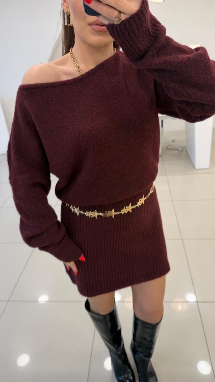 KAYIK YAKA TRİKO ELBİSE BORDO