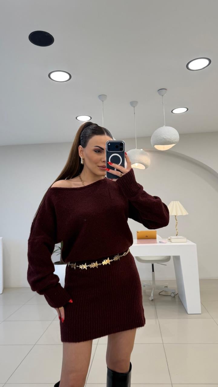 KAYIK YAKA TRİKO ELBİSE BORDO