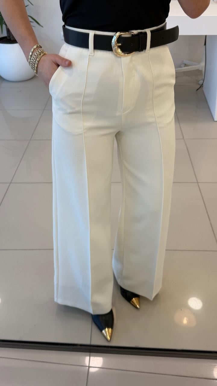 KEMERLİ KUMAŞ PANTOLON BEYAZ