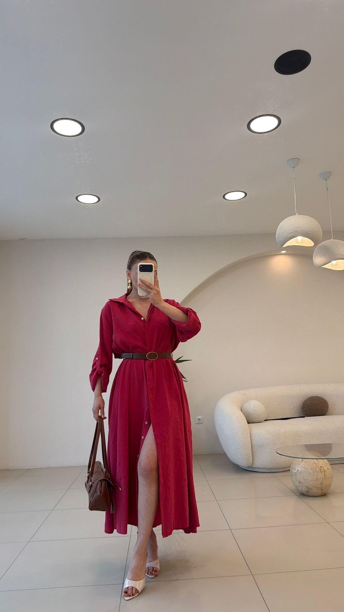 KEMERLİ TENSEL MAX ELBİSE KIRMIZI