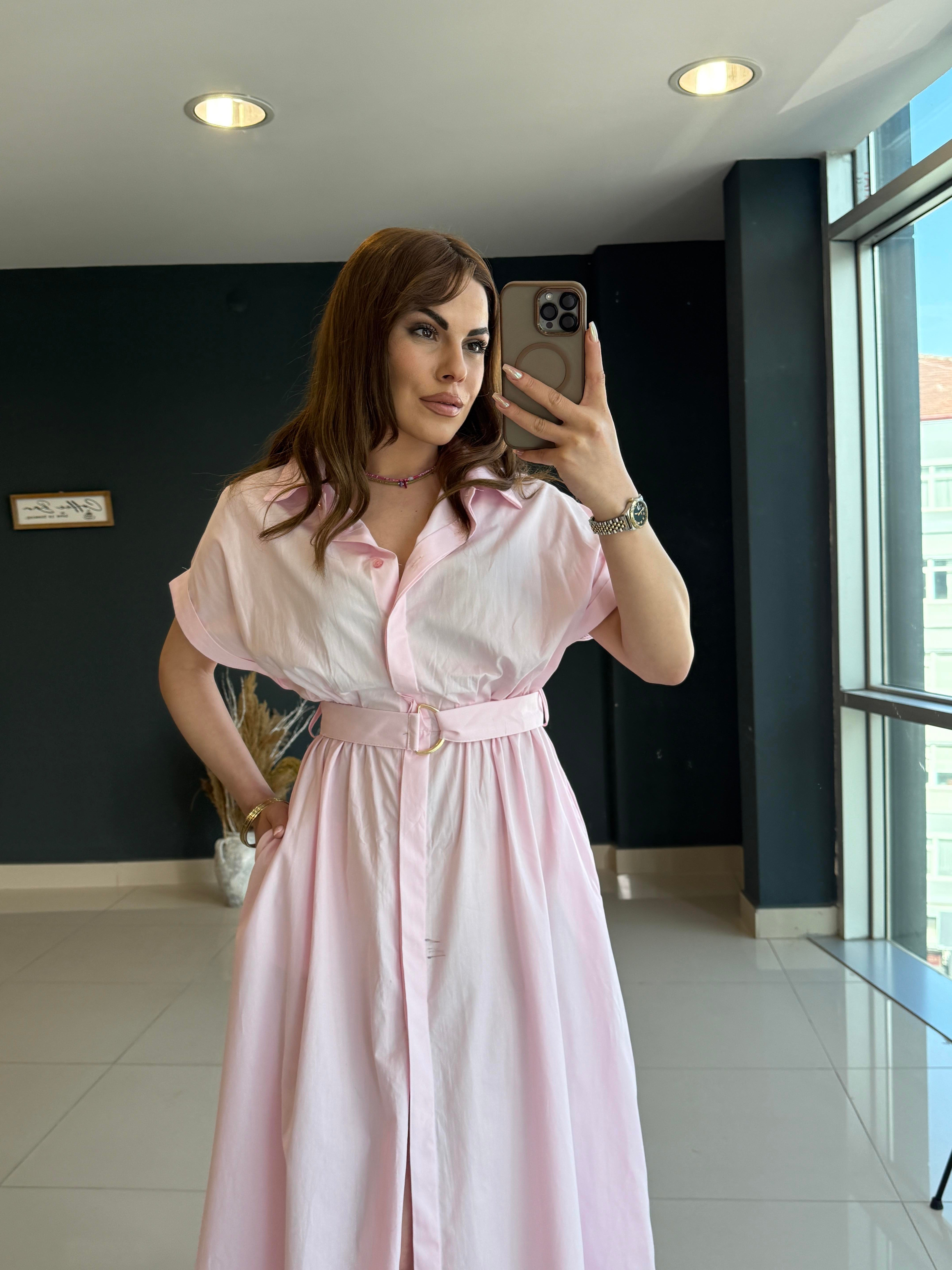 KENDİNDEN KEMERLİ POPLİN ELBİSE PEMBE