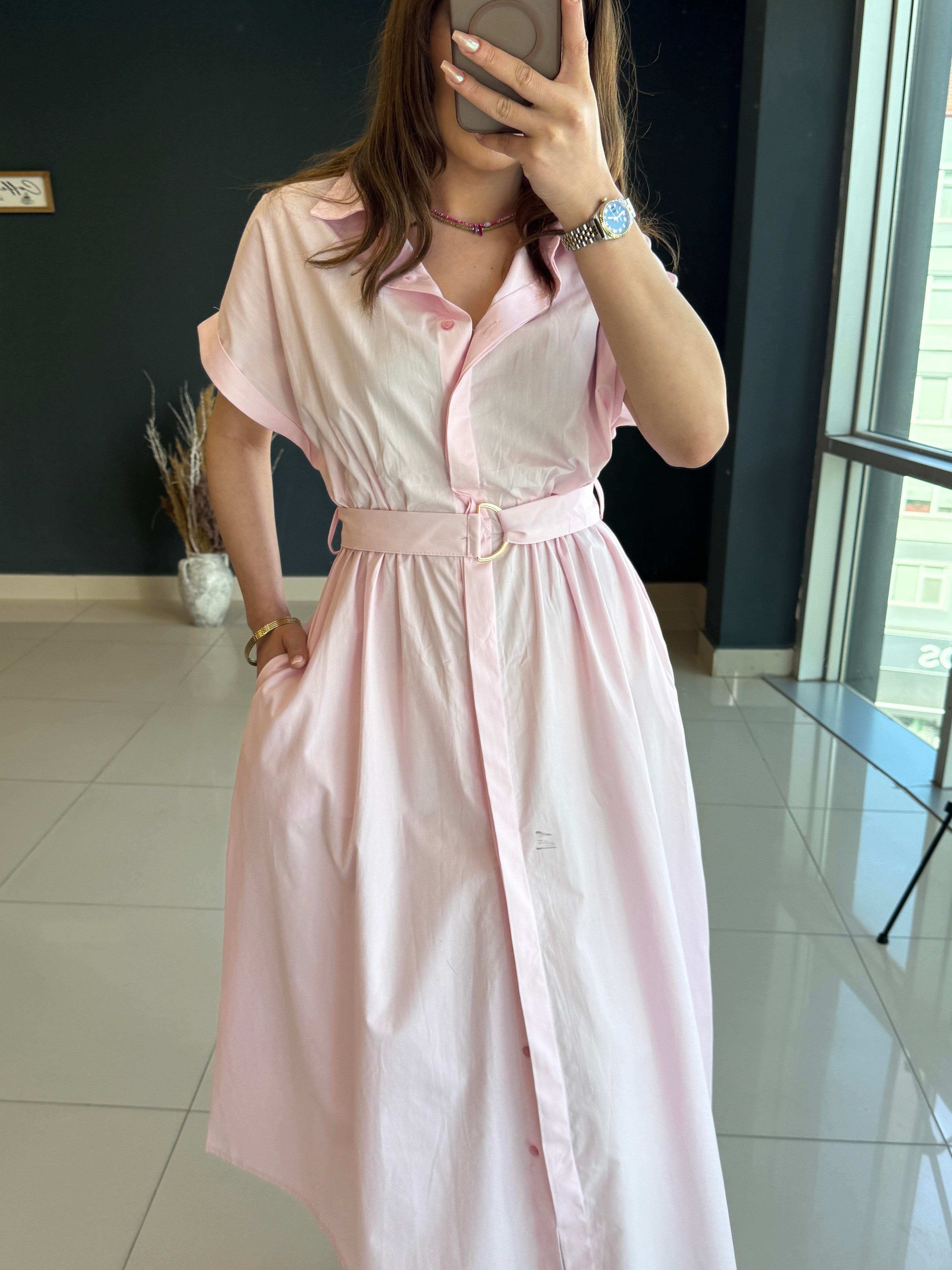 KENDİNDEN KEMERLİ POPLİN ELBİSE PEMBE